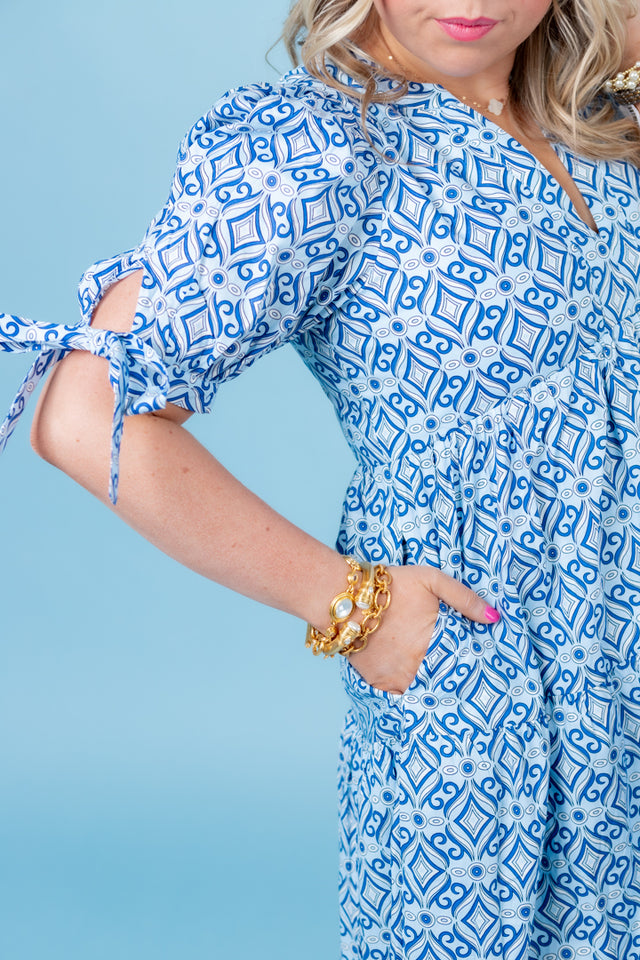 English Factory | Print Bow Tie Sleeve Tiered Midi Dress