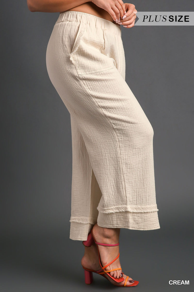 Wide Leg Pants with Elastic Waist Band , Unfished Frayed Hem