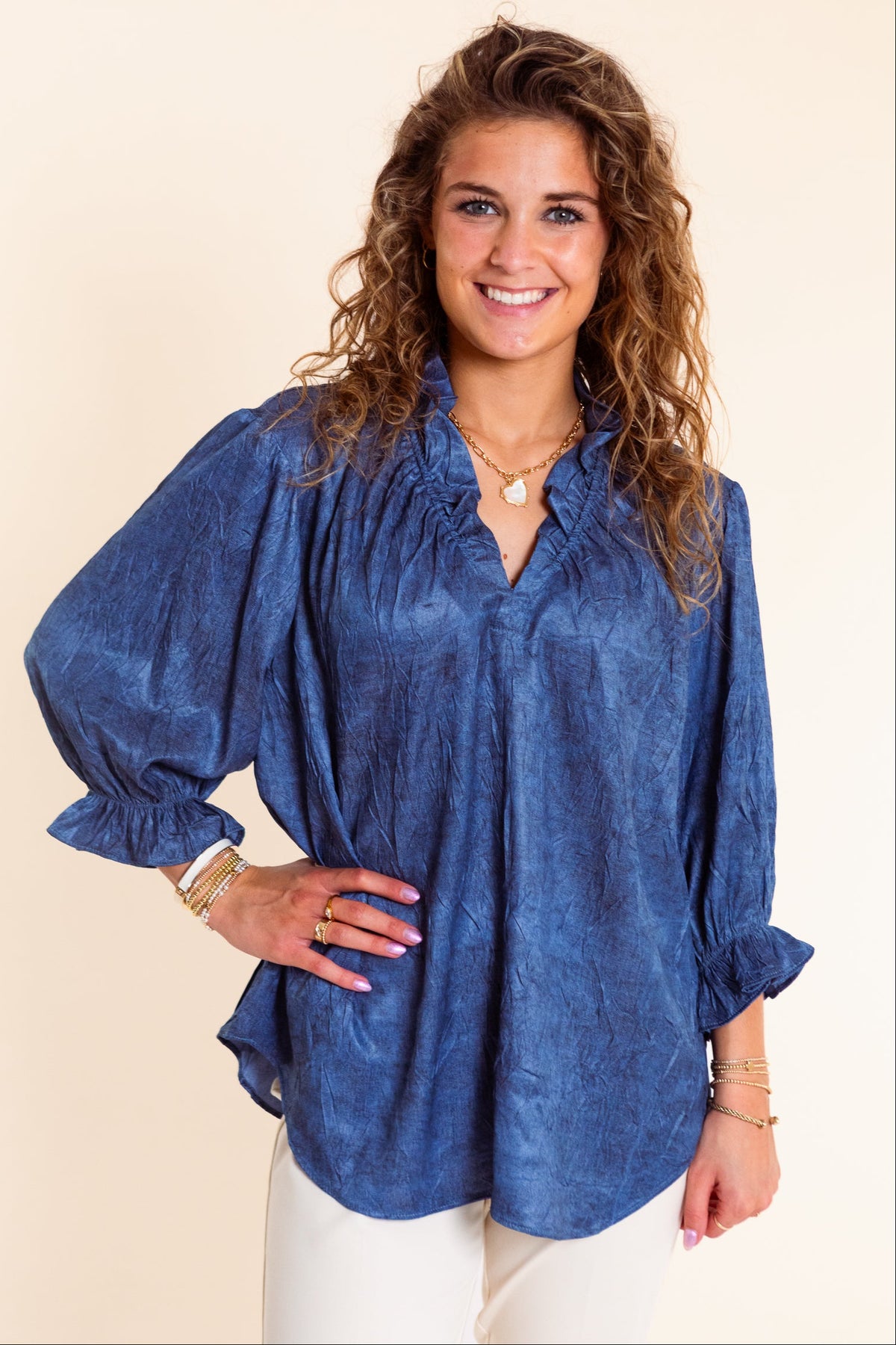 Lior | Ruffle V-Neck Blouse in Stone Blue