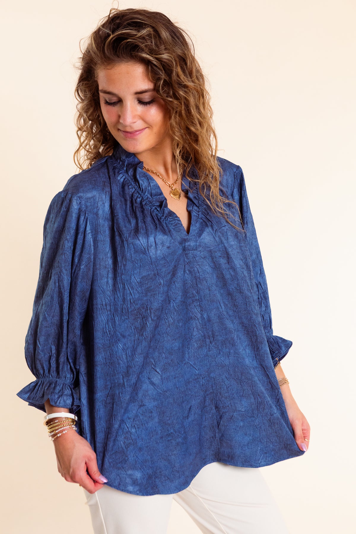 Lior | Ruffle V-Neck Blouse in Stone Blue
