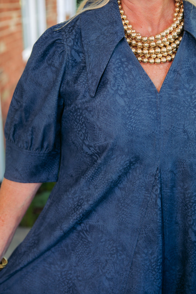 Lior | Amber Pointed Collar Navy Embossed Dress