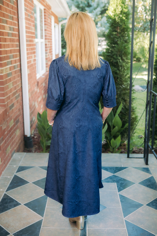 Lior | Amber Pointed Collar Navy Embossed Dress