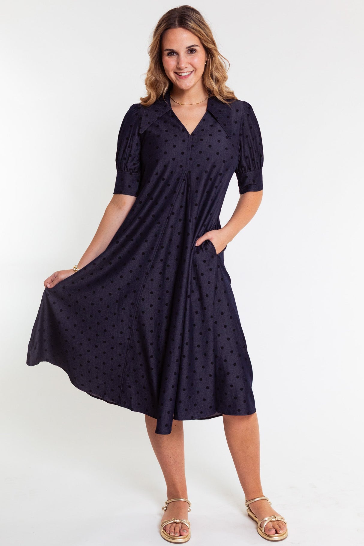 Lior | Pointed Collar Denim Dot Dress
