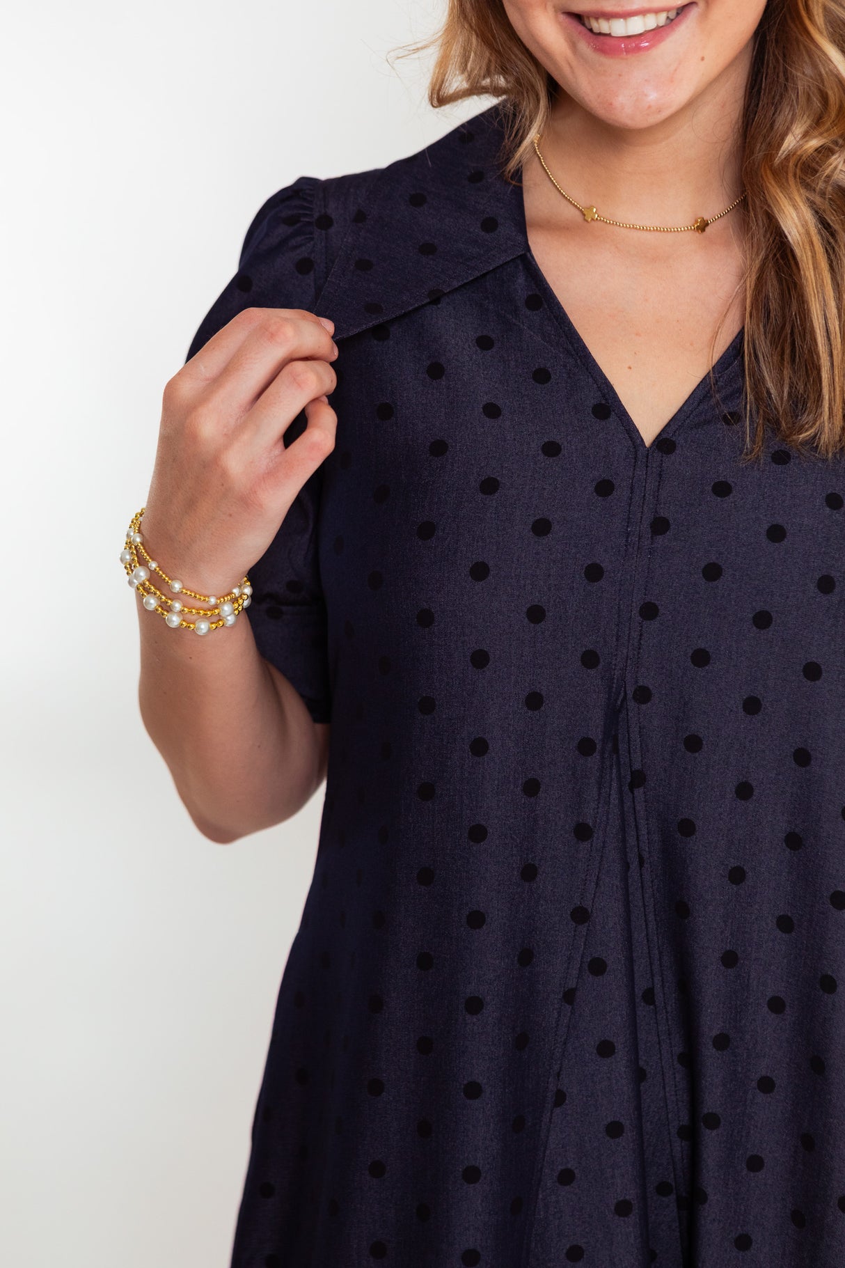 Lior | Pointed Collar Denim Dot Dress