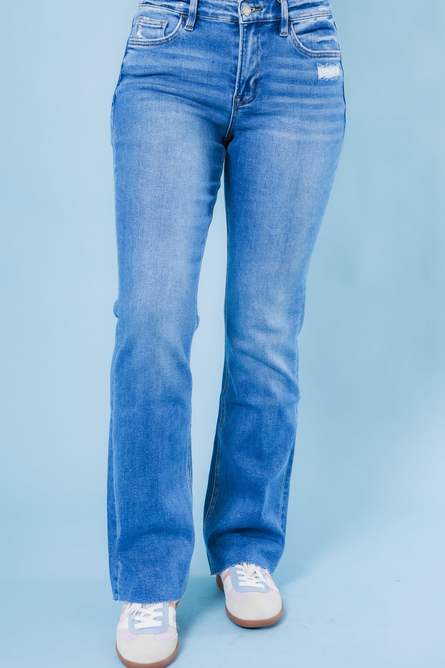 Vervet | Mid Rise Clean Cut Raw Hem Bootcut Jeans