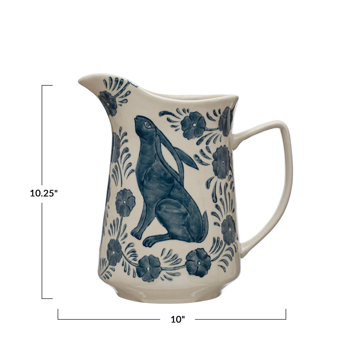 Creative Co-Op | 3 Quart Hand-Painted Stoneware Pitcher w/ Rabbit & Flowers, Blue & White