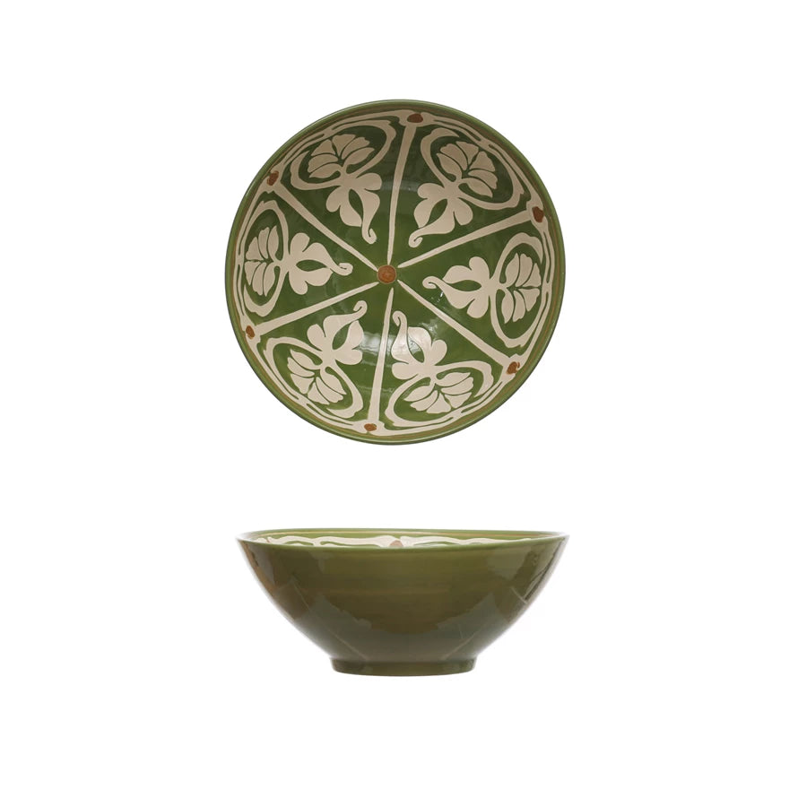 Hand-Painted Stoneware Serving Bowl w/ Design, Green & Brown