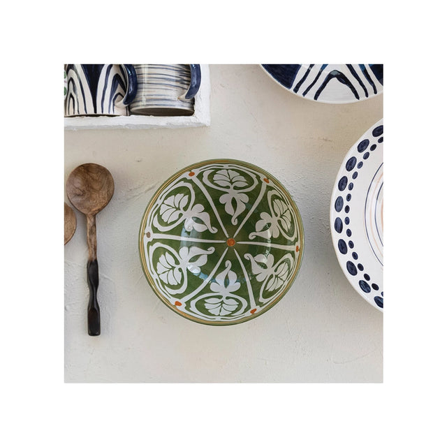 Hand-Painted Stoneware Serving Bowl w/ Design, Green & Brown