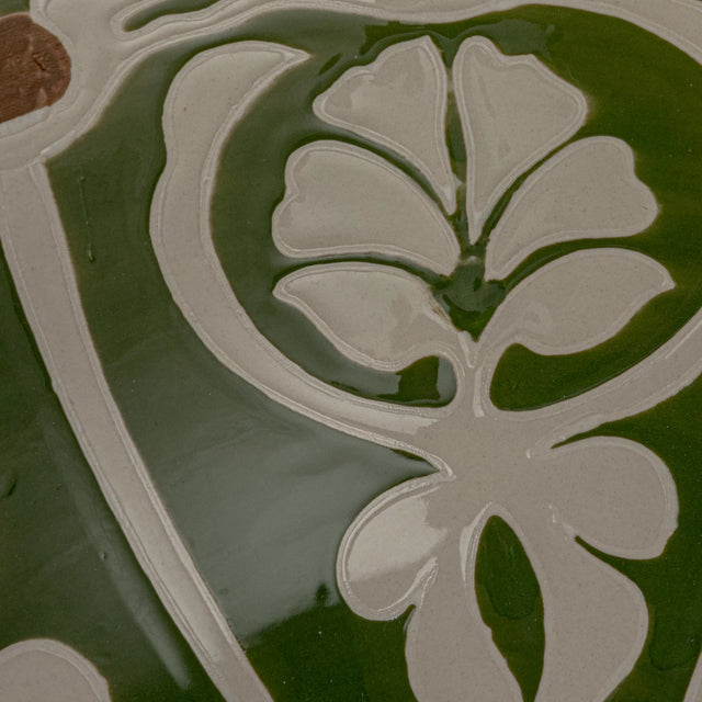 Hand-Painted Stoneware Serving Bowl w/ Design, Green & Brown