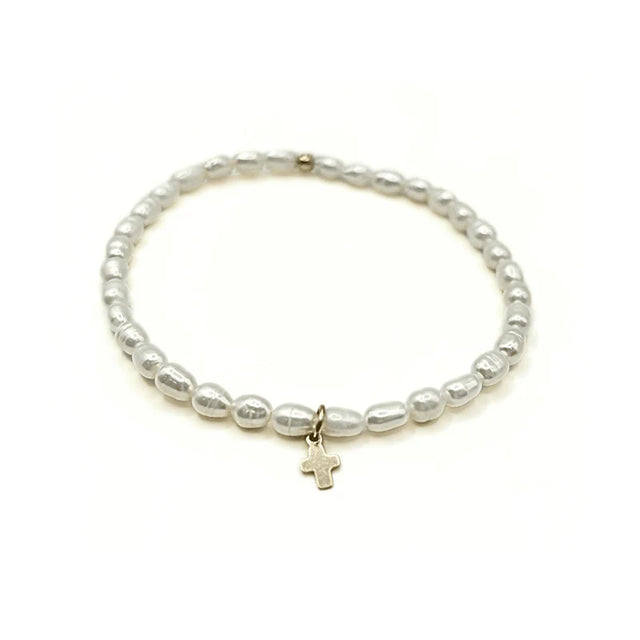 Erin Gray | Rice Pearl Waterproof Bracelet with a Gold-Filled Luxe Cross