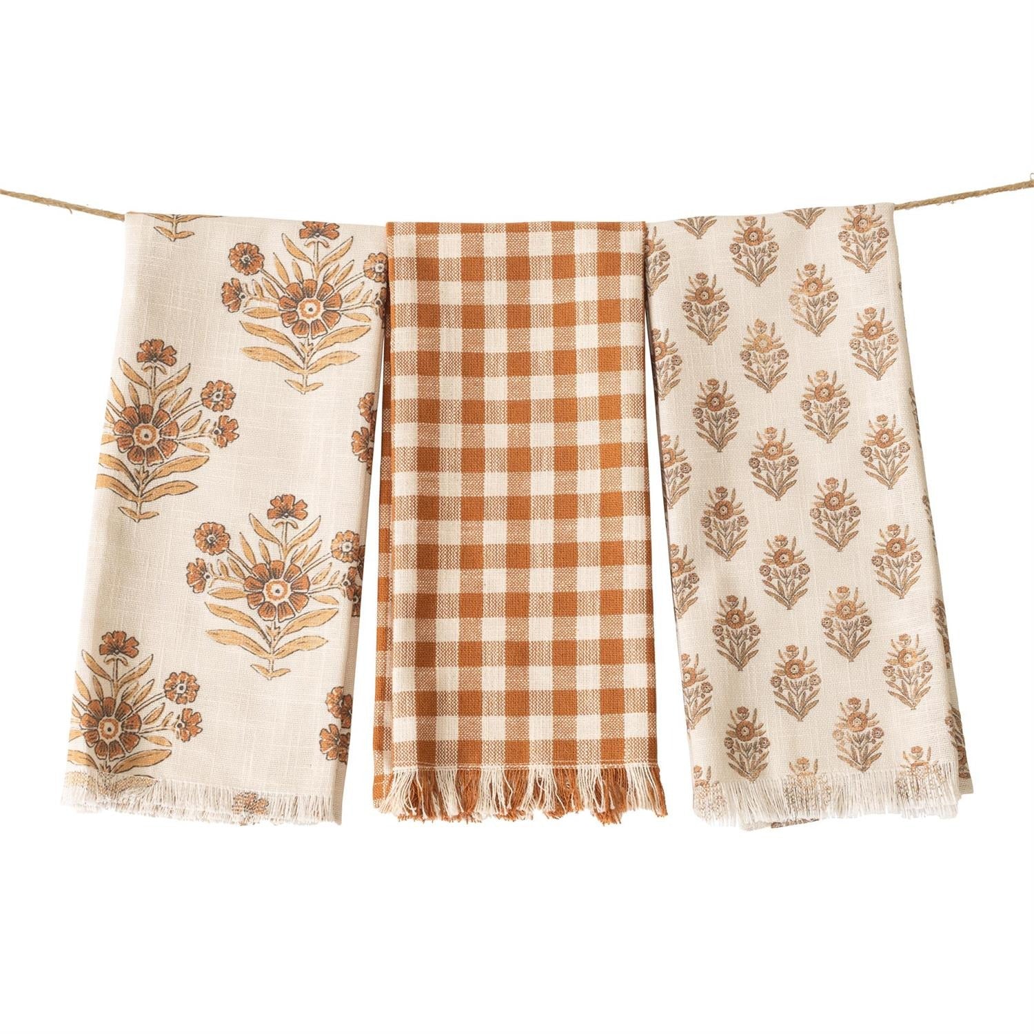 Block Print and Check Pattern Tea Towels- Set of 3
