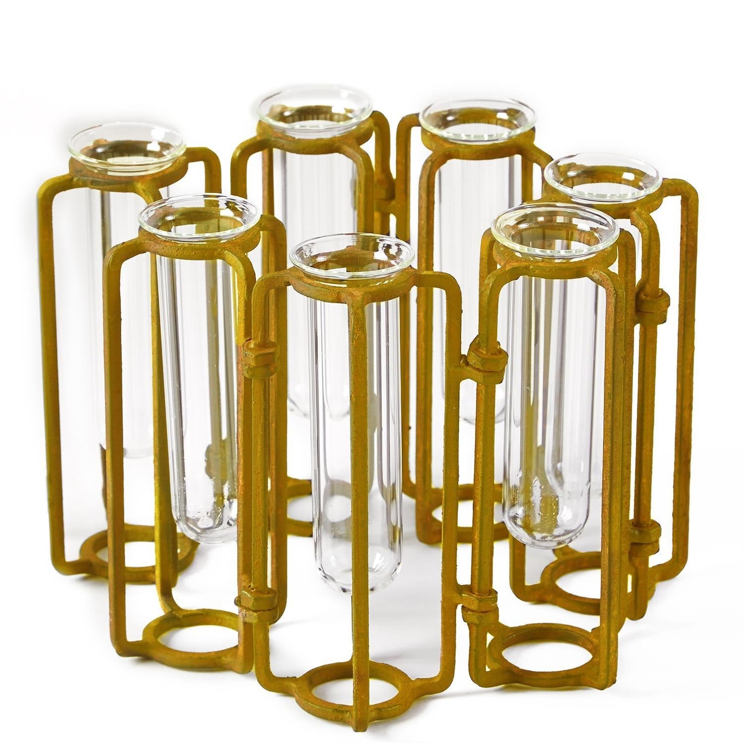 Lavoisier Set of 7 Hinged Flower Vase with Antiqued Gold Finish