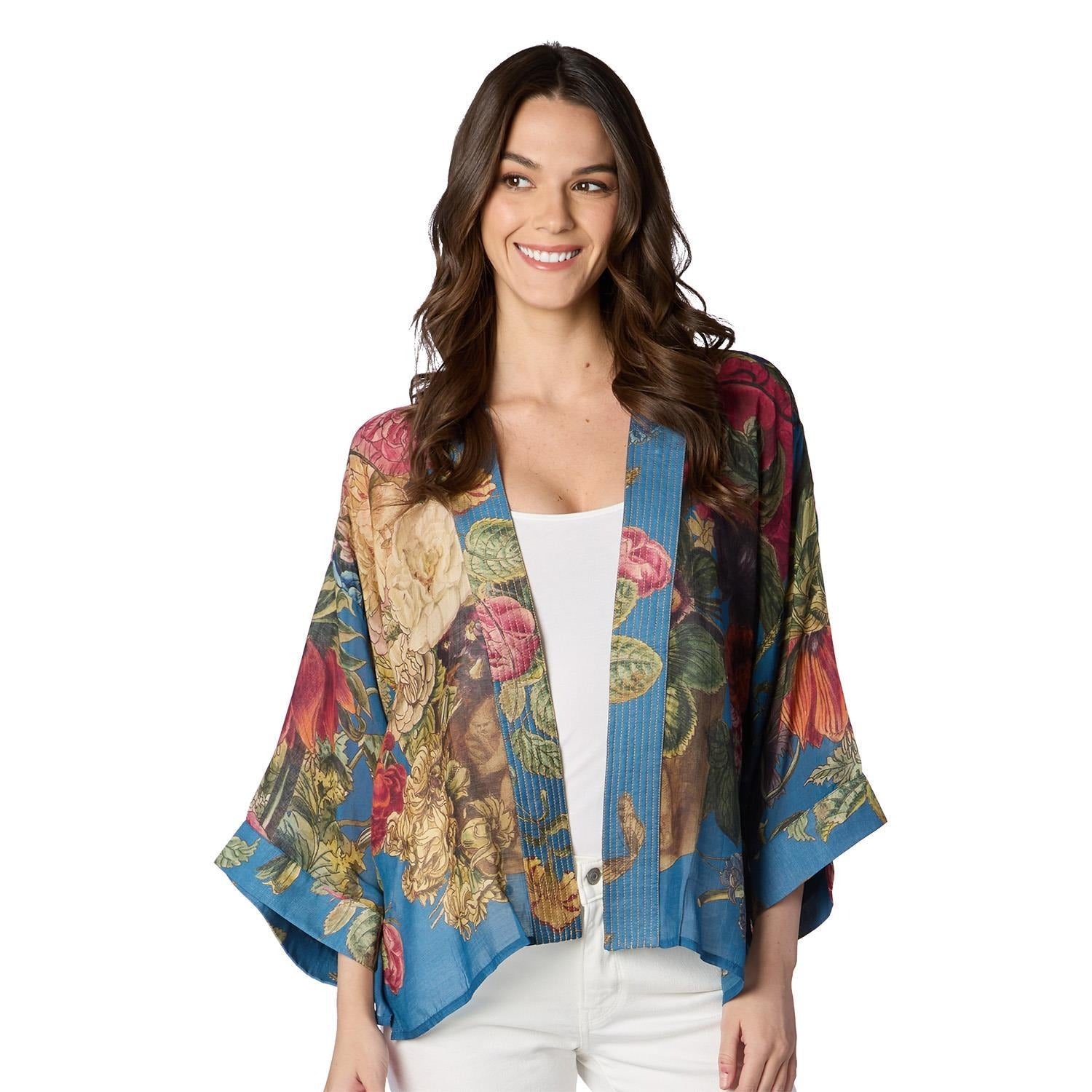 Primula Print Teal Short Kimono Jacket