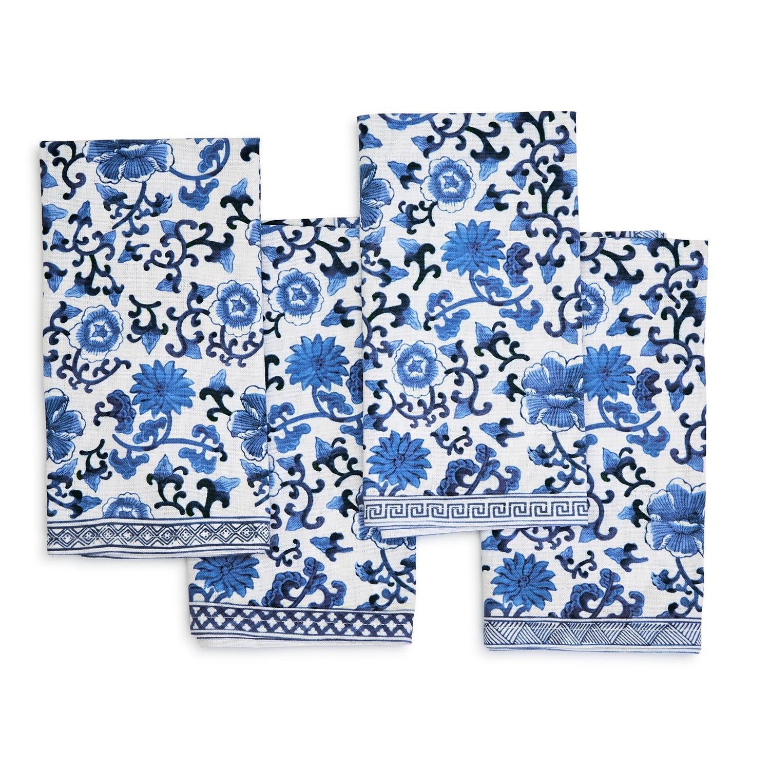 Chinoiserie Set of 4 Blue and White Floral Pattern Napkins