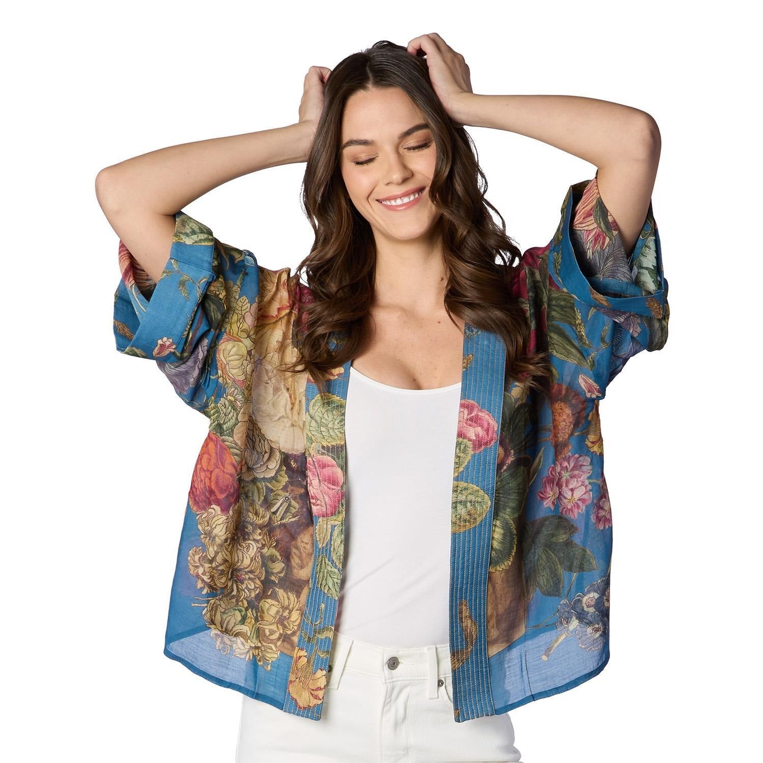 Primula Print Teal Short Kimono Jacket