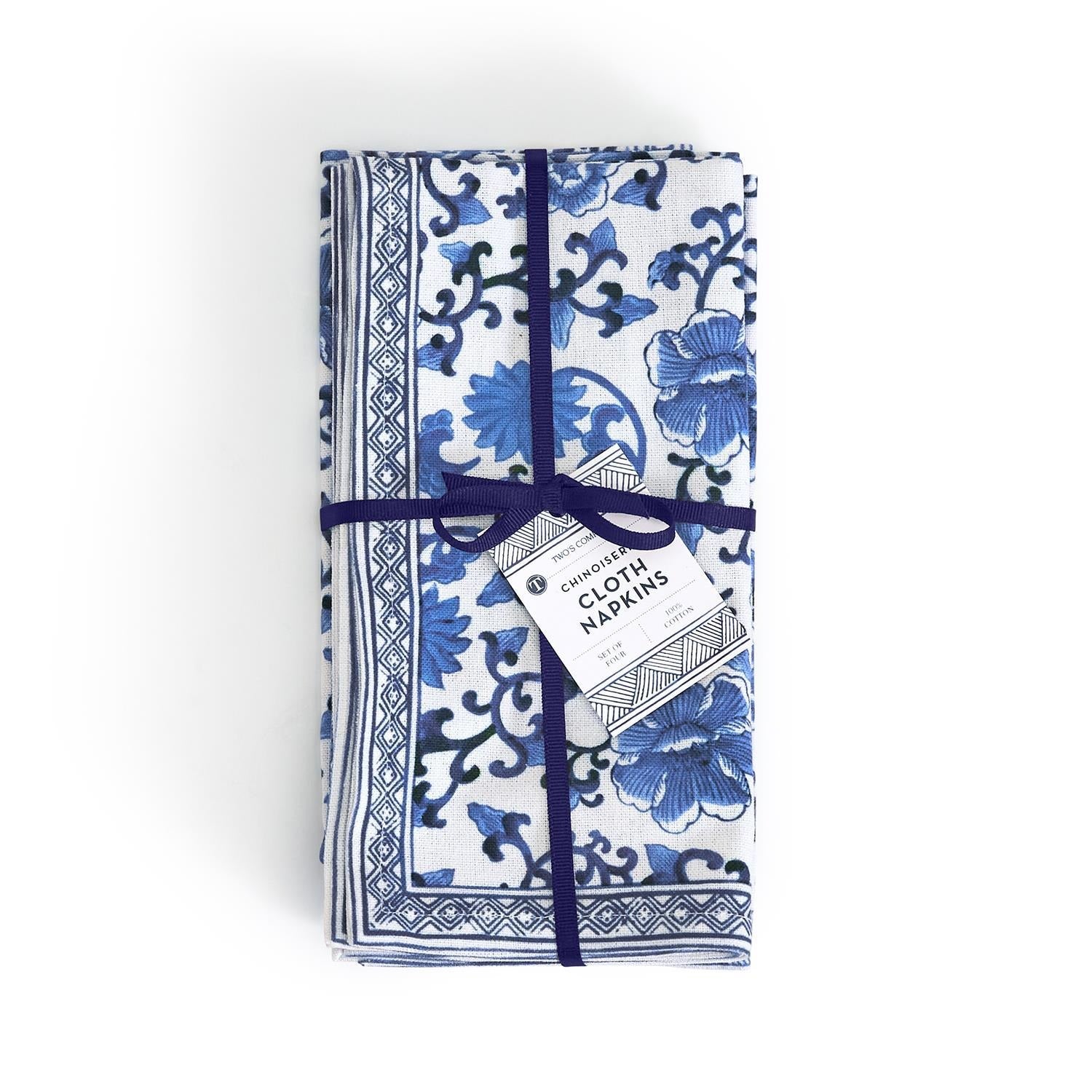 Chinoiserie Set of 4 Blue and White Floral Pattern Napkins