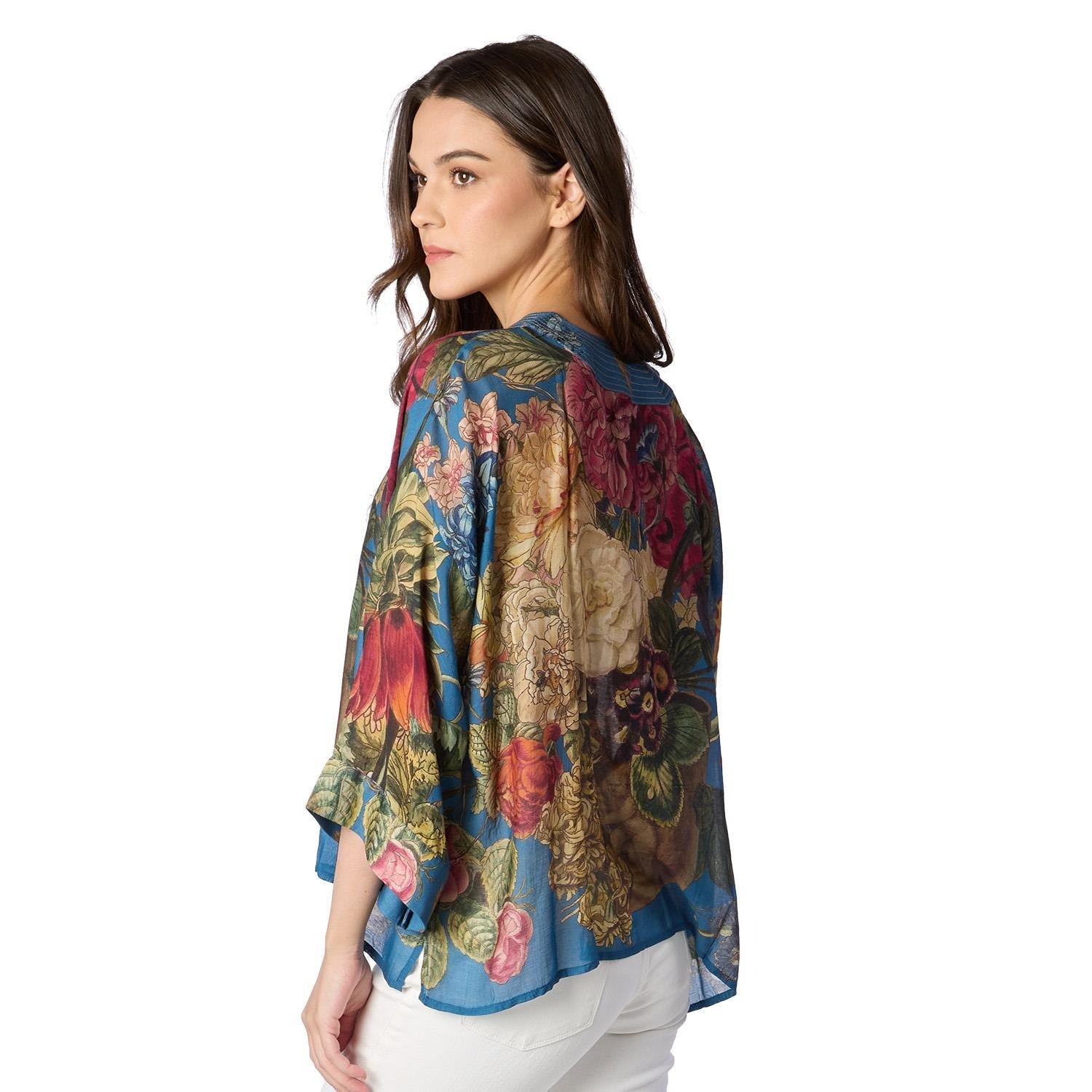 Primula Print Teal Short Kimono Jacket