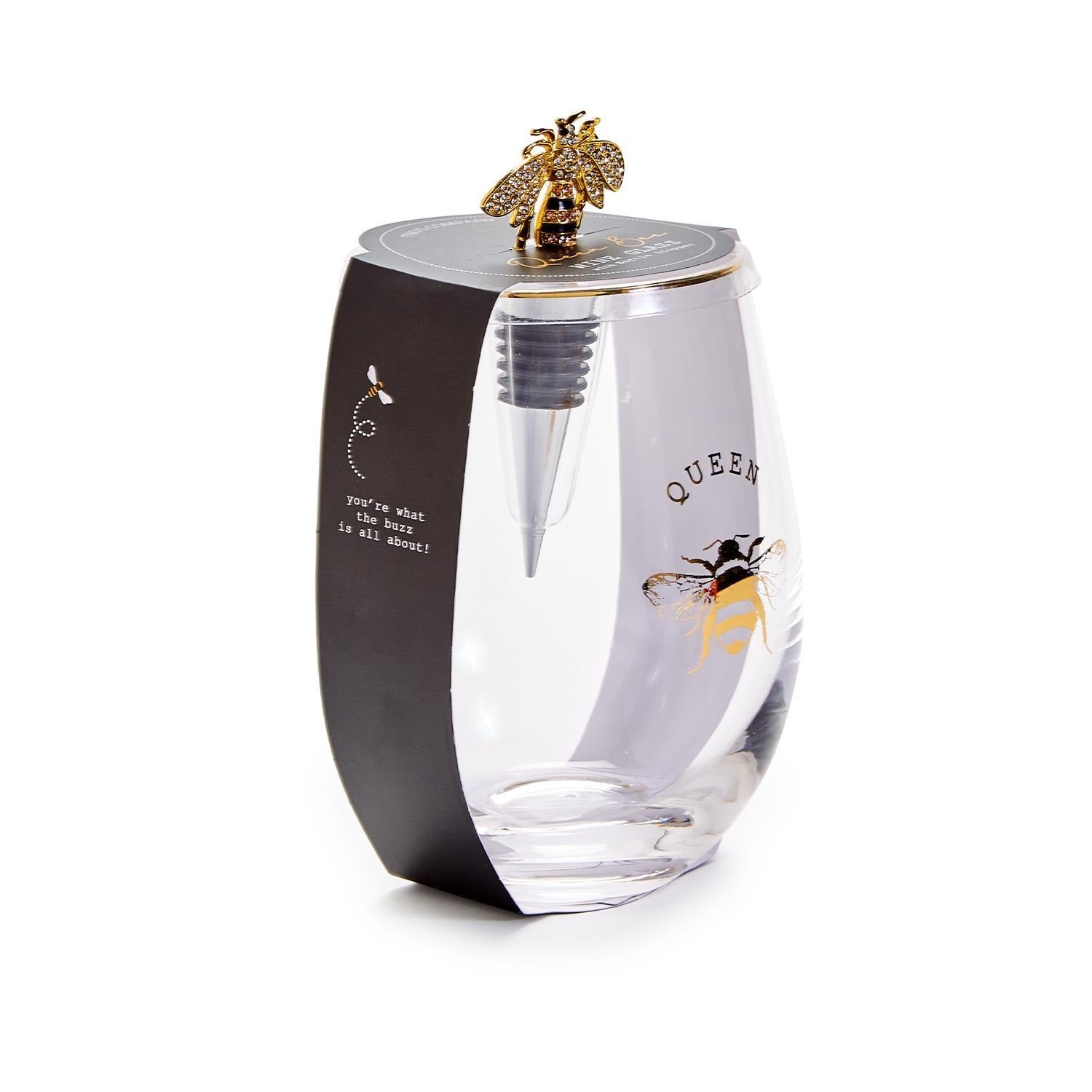 Queen Bee Stemless Wine Glass with Jeweled Bee Wine Stopper