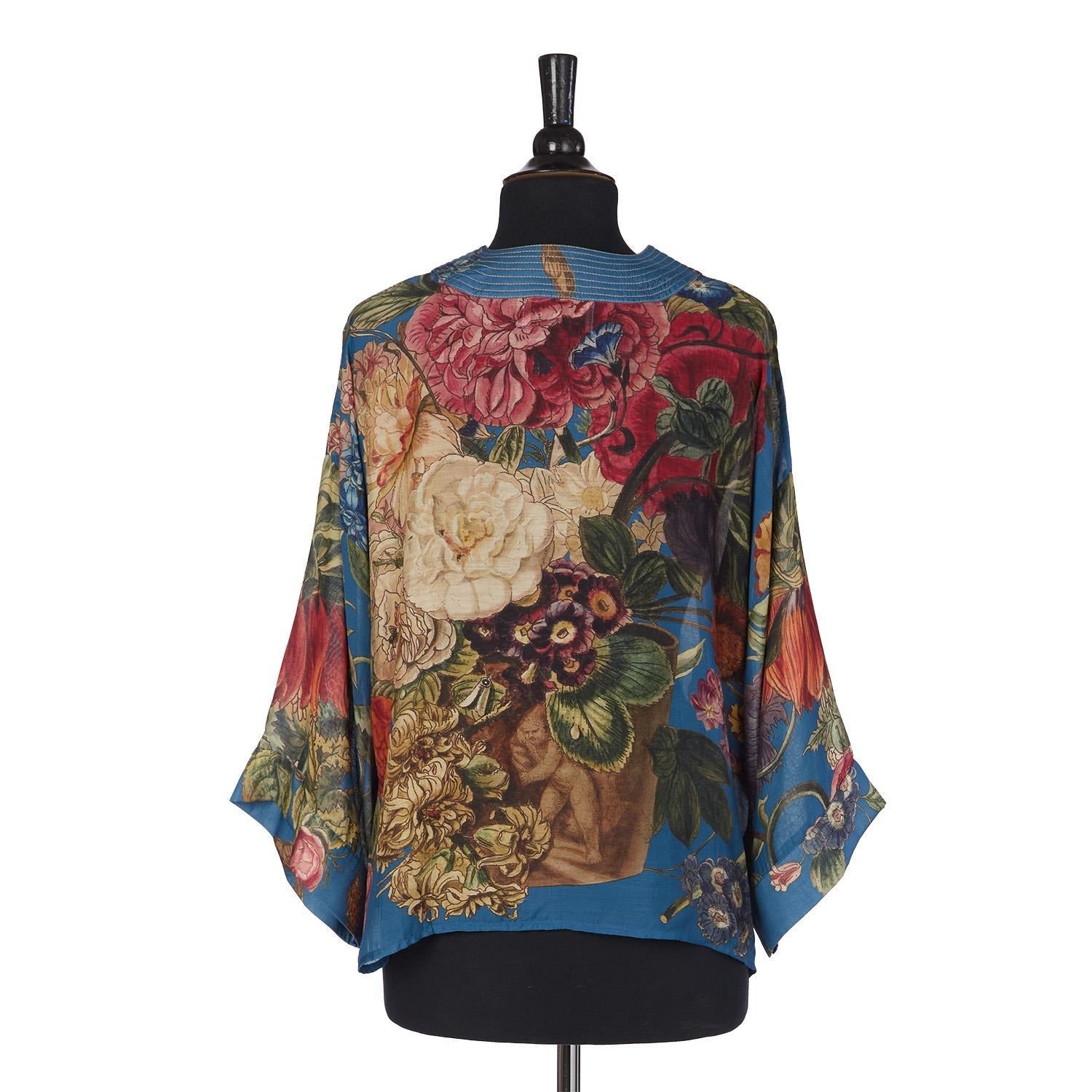 Primula Print Teal Short Kimono Jacket