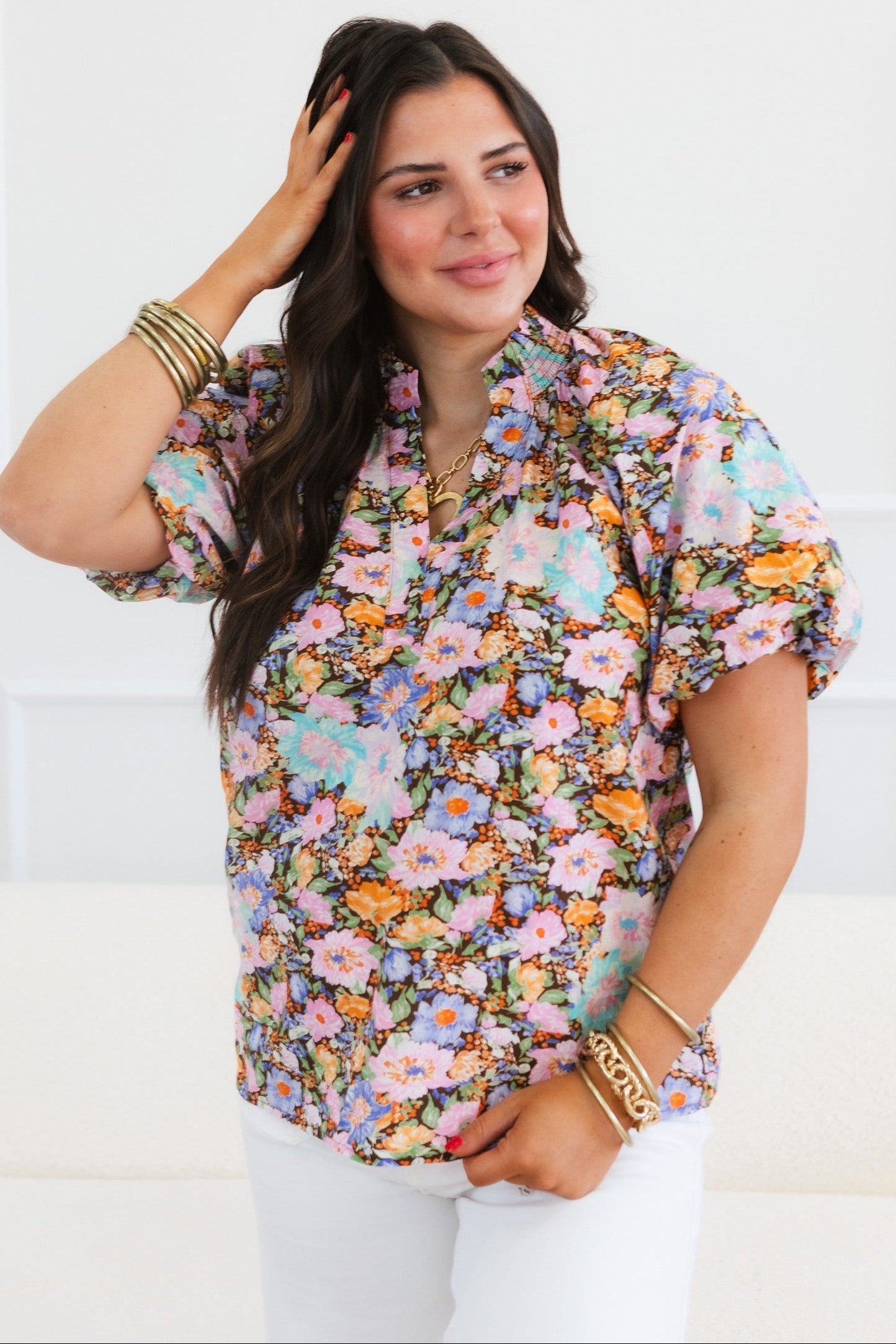 Mix Floral Short Sleeve Button-Front Top