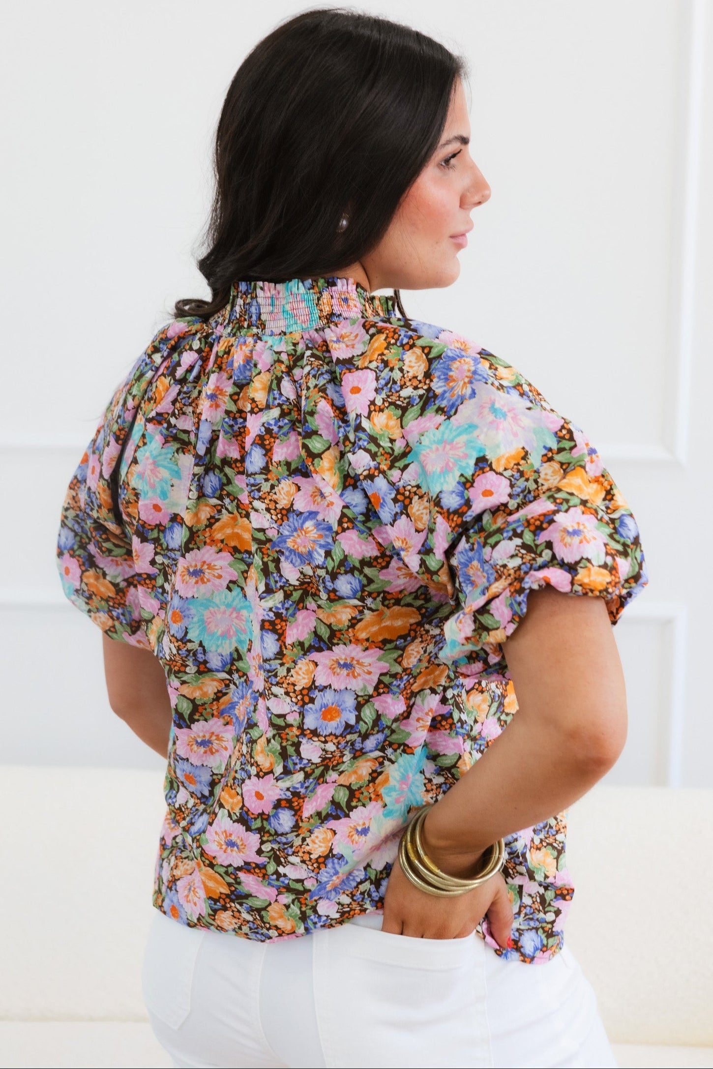 Mix Floral Short Sleeve Button-Front Top