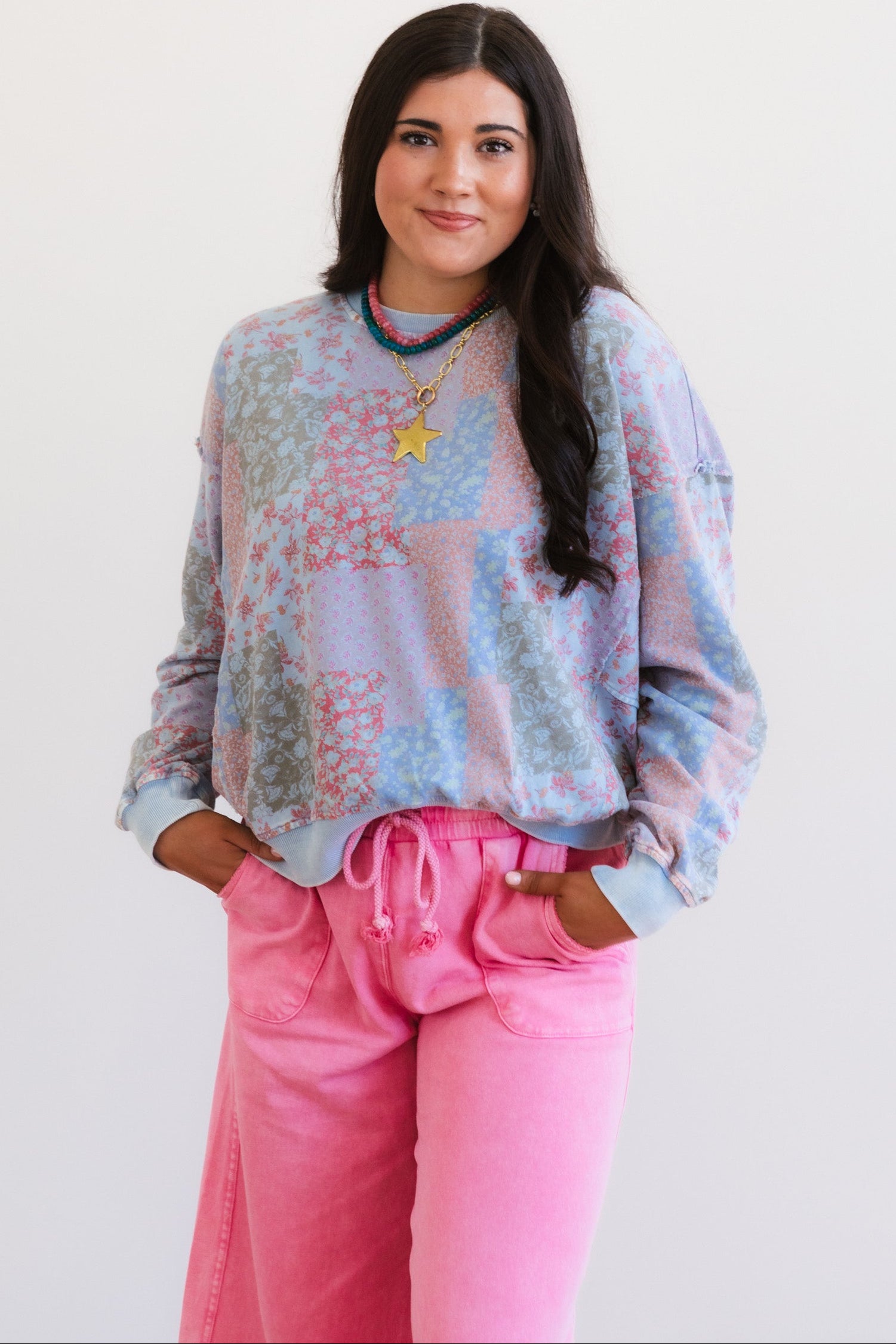 Floral Printed Washed Terry Pullover