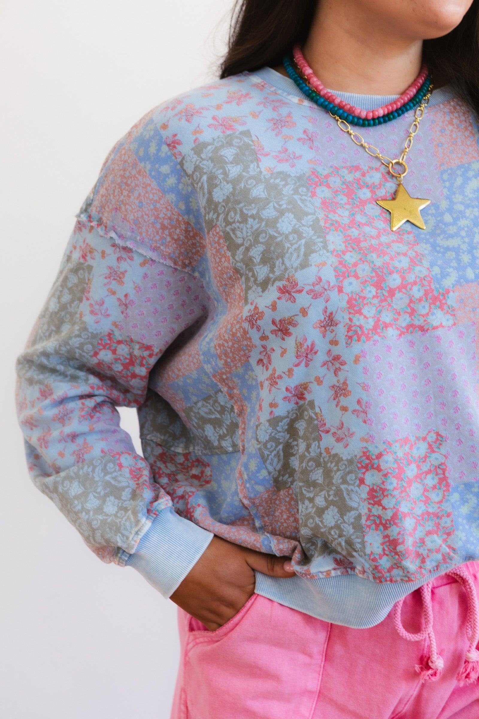 Floral Printed Washed Terry Pullover