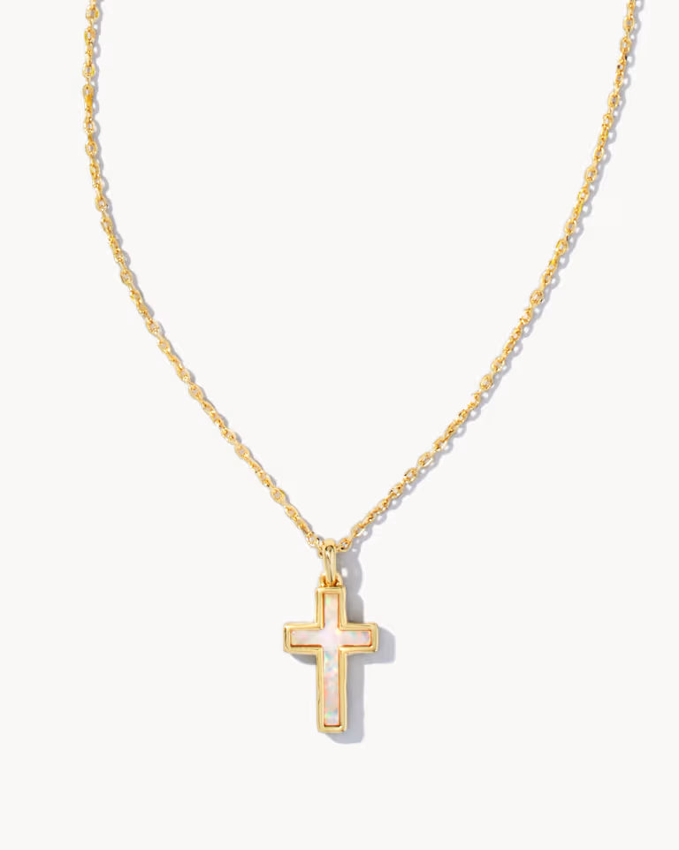 Kendra Scott | Cross Gold Pendant Necklace in White Lab Grown Opal