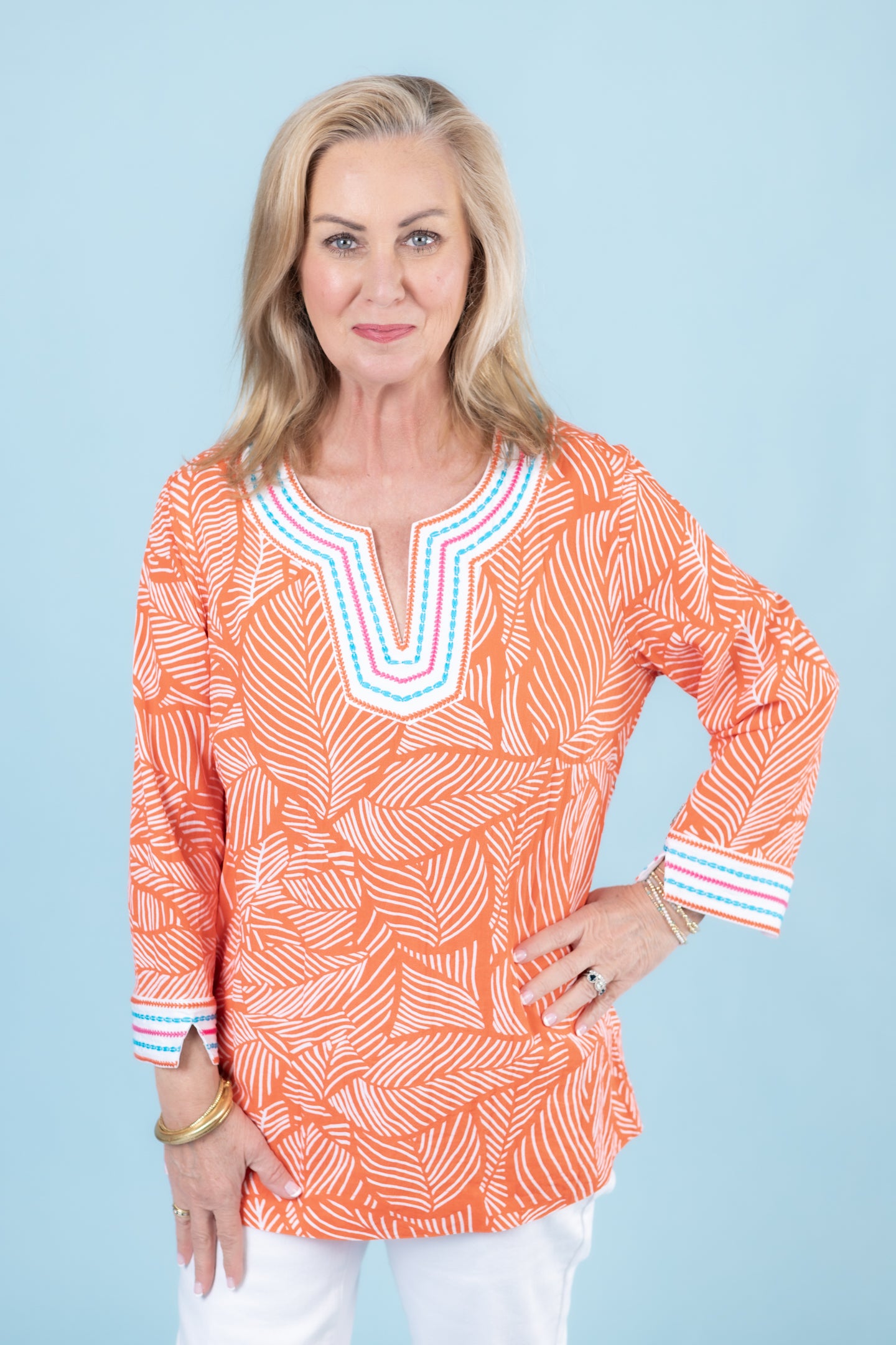 John Mark | 3/4 Sleeve Embroidered Trim Details