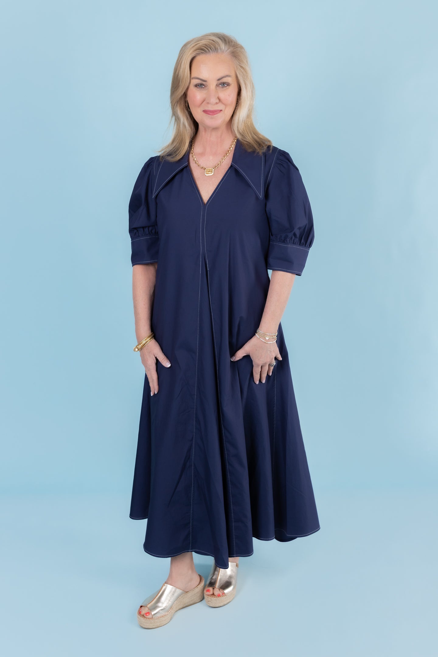 Lior | Amber Pointed Collar Navy Dress