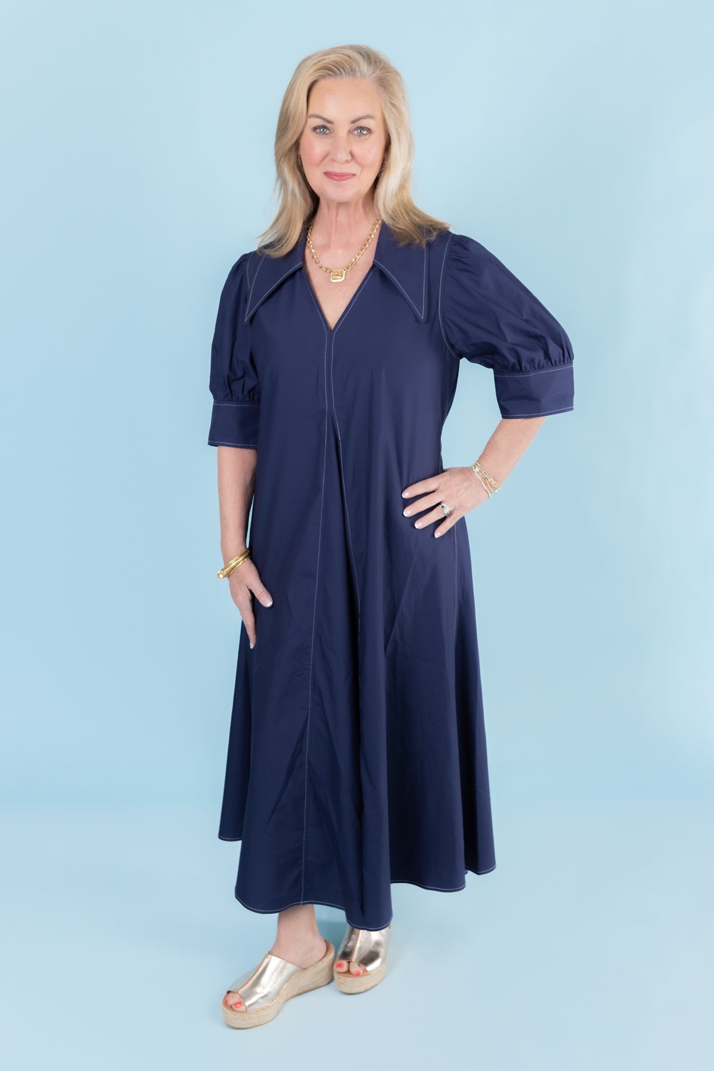 Lior | Amber Pointed Collar Navy Dress
