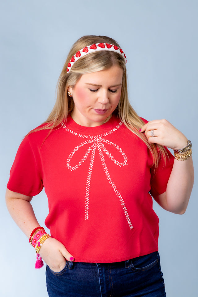 Bow Embellished Short Sleeve Sweater (Final Sale)