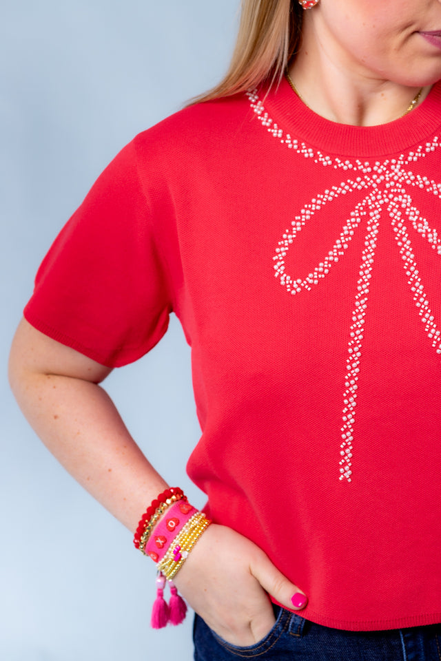 Bow Embellished Short Sleeve Sweater (Final Sale)