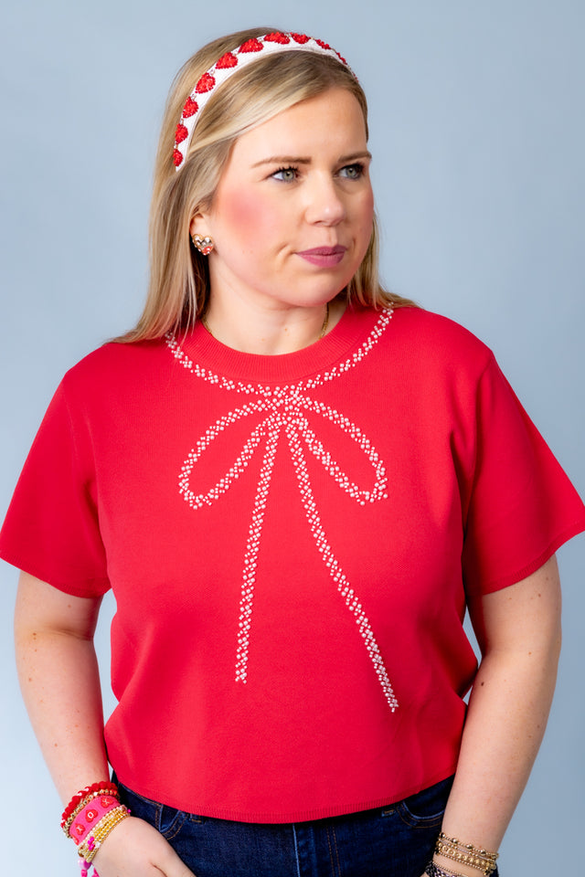 Bow Embellished Short Sleeve Sweater (Final Sale)