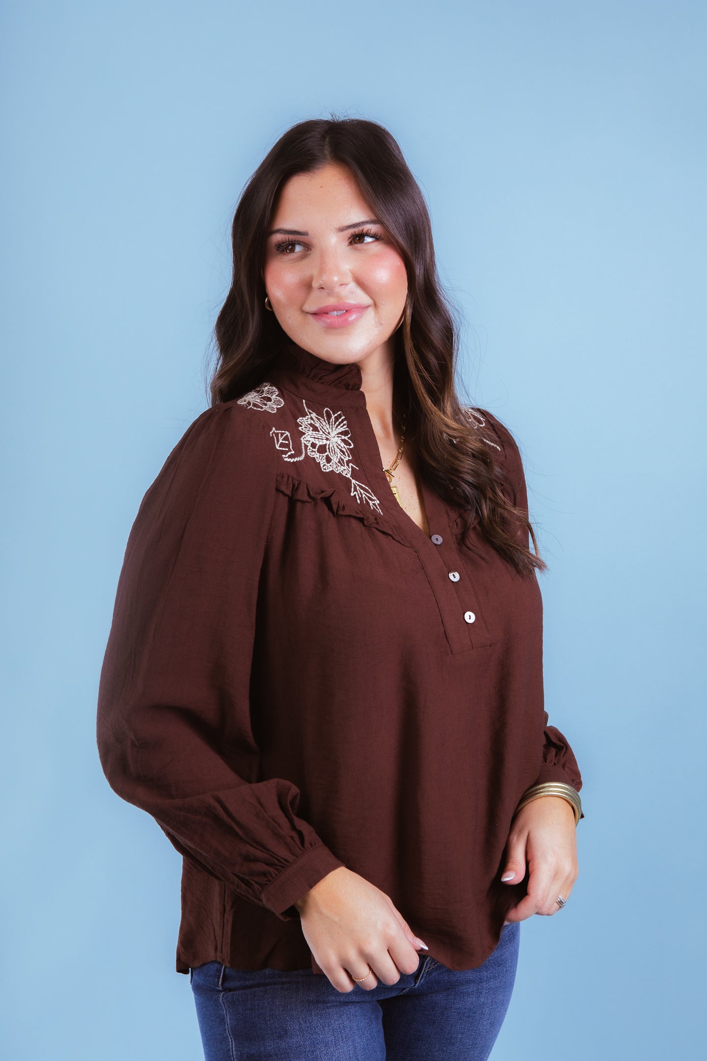 Mocha Bloom Embroidered Collar Top