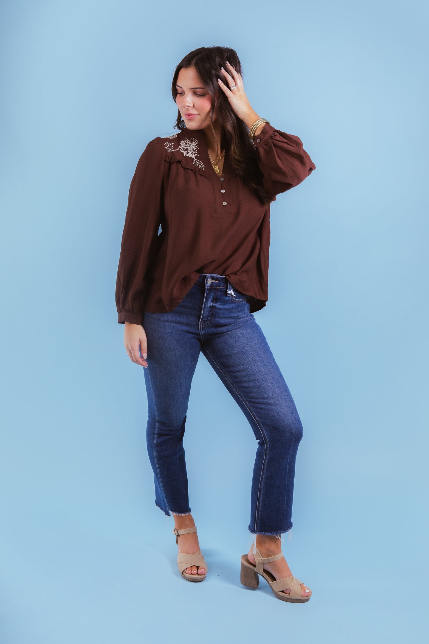 Mocha Bloom Embroidered Collar Top