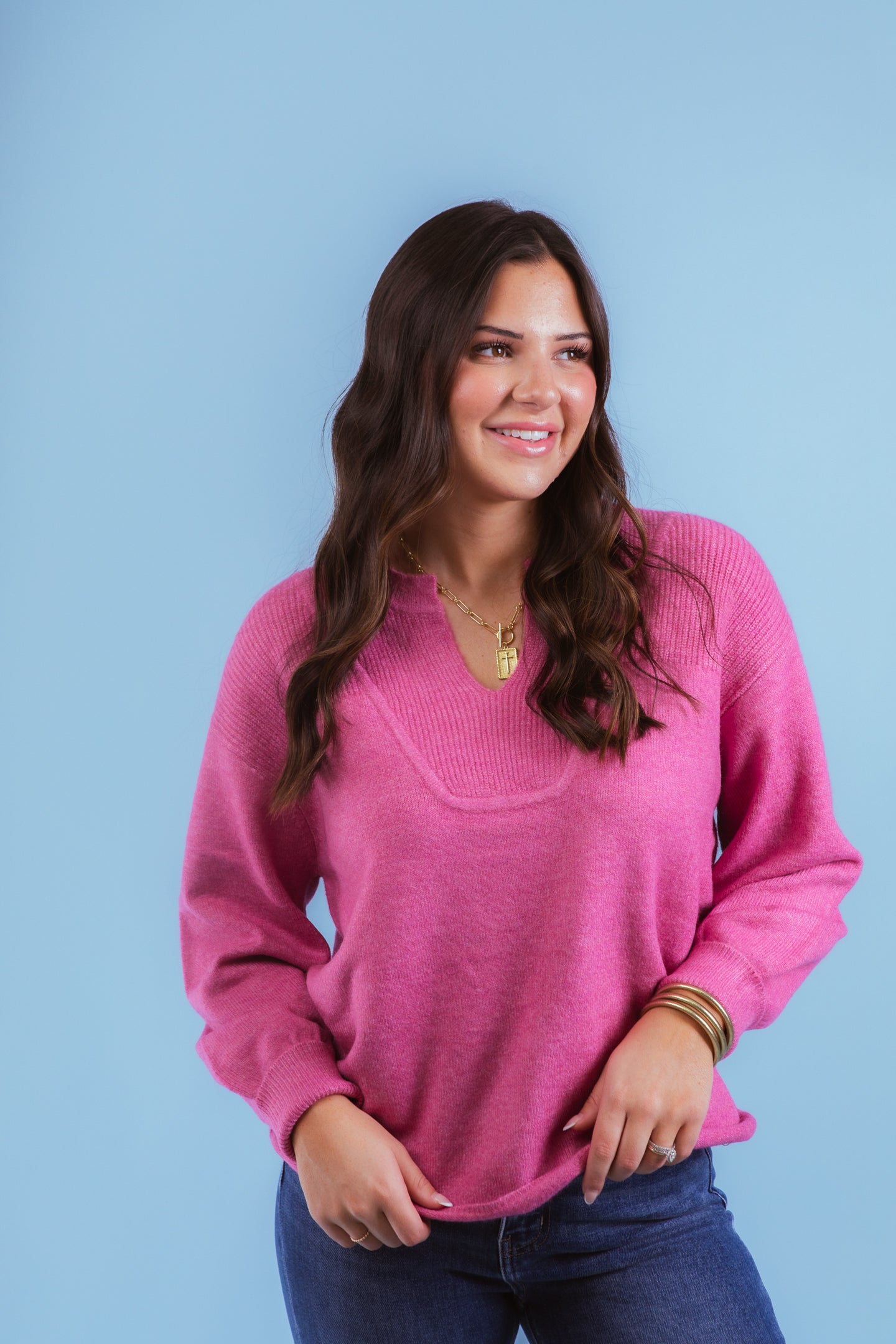 Tribal | Mandarin Collar Long Puff Sleeve Sweater