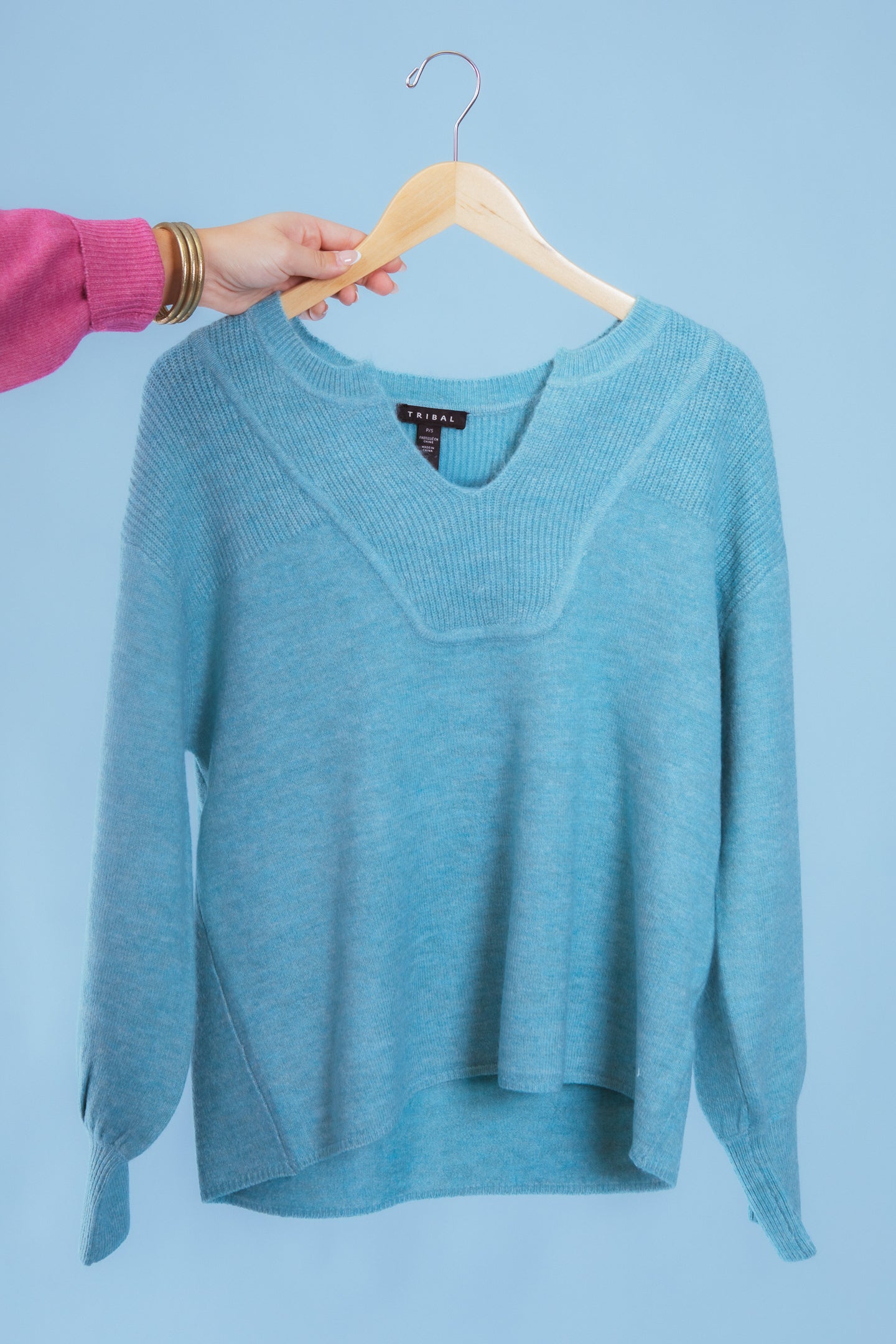 Tribal | Mandarin Collar Long Puff Sleeve Sweater