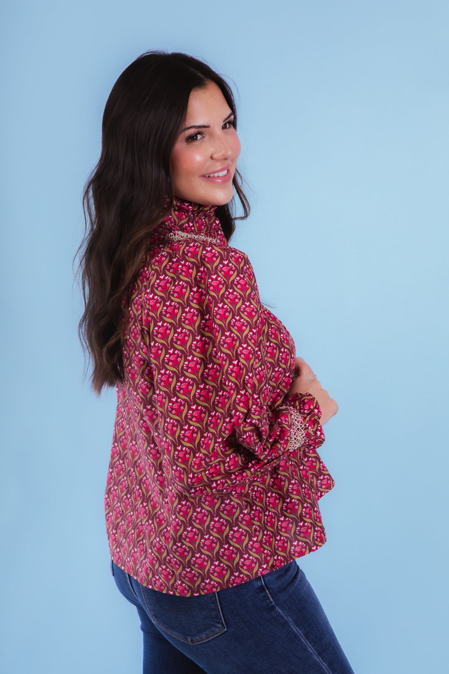 Wine Floral Elegance Smocked Blouse