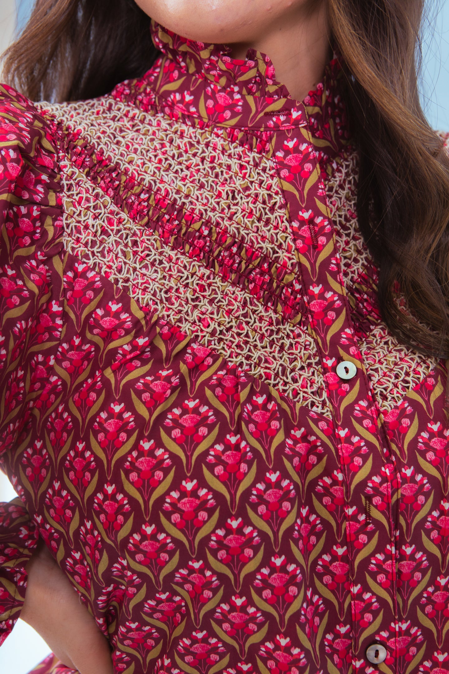 Wine Floral Elegance Smocked Blouse
