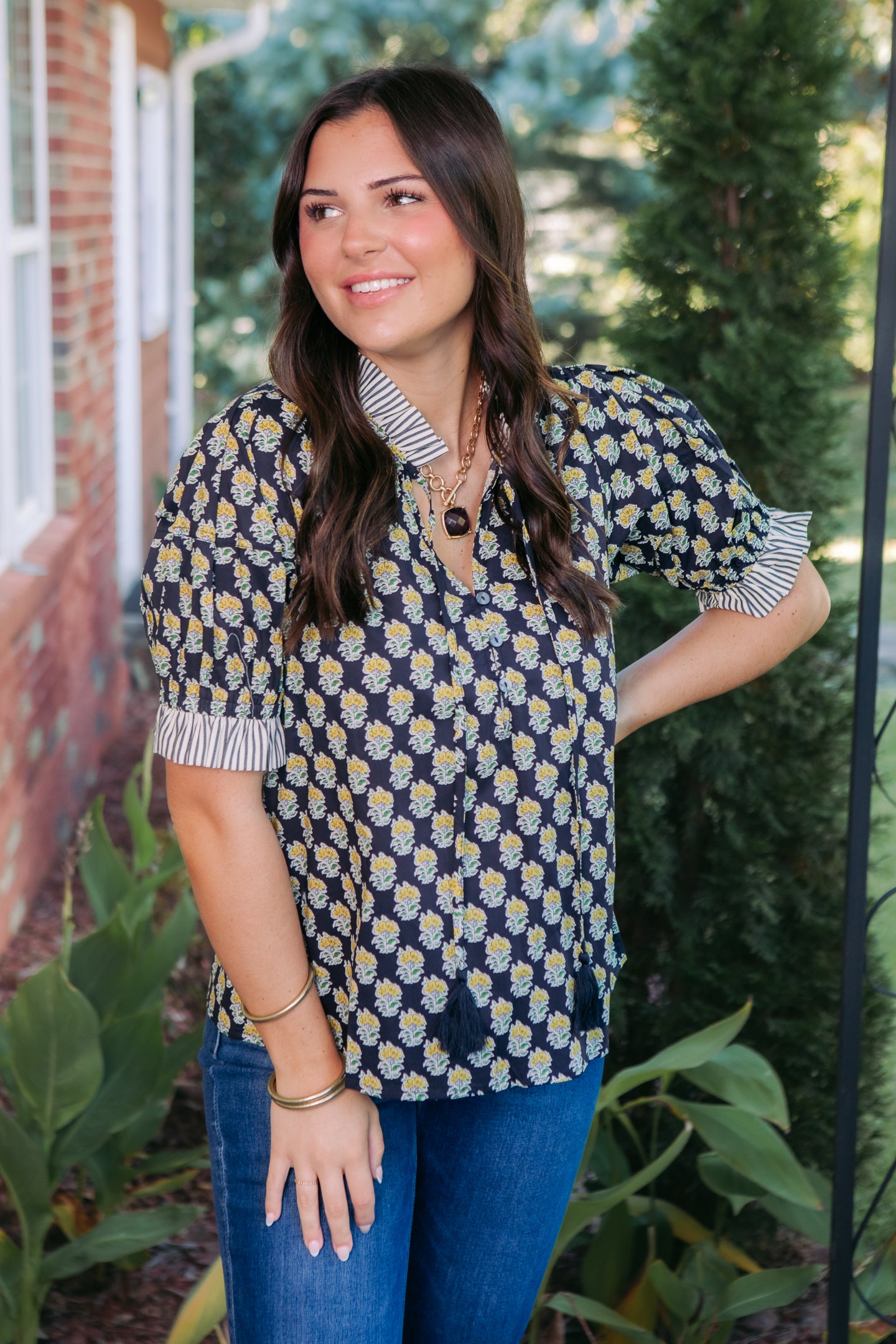 Bloom & Tassel Botanical Puff Sleeve Top