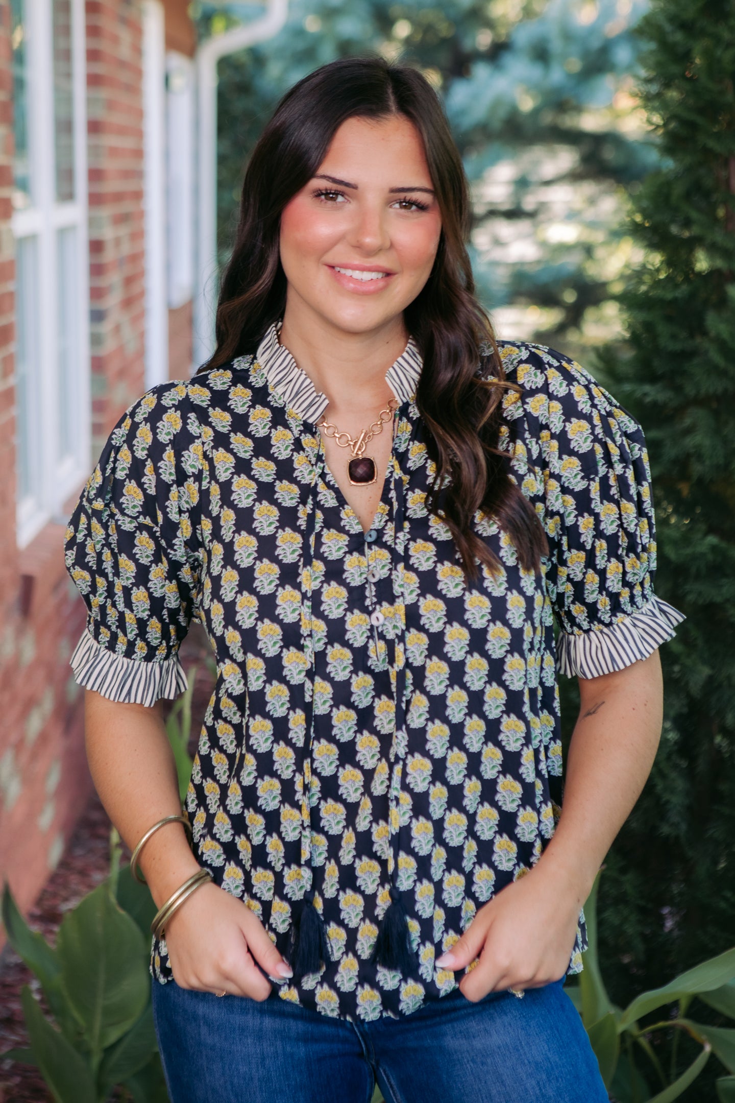 Bloom & Tassel Botanical Puff Sleeve Top