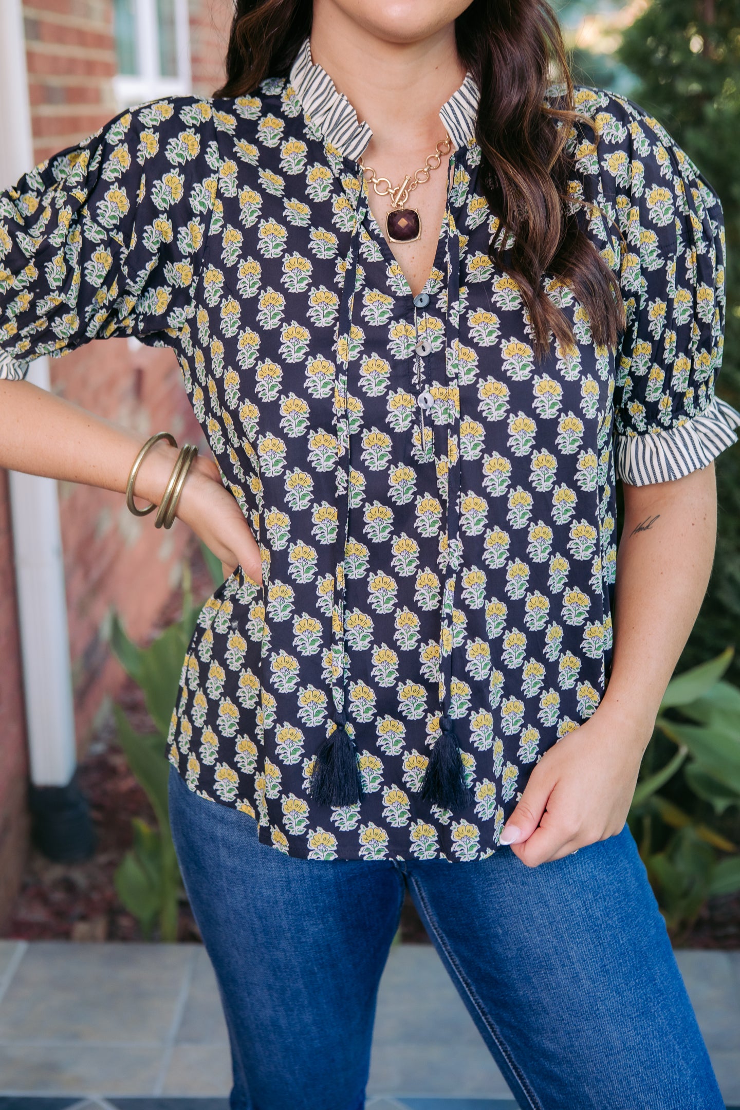 Bloom & Tassel Botanical Puff Sleeve Top