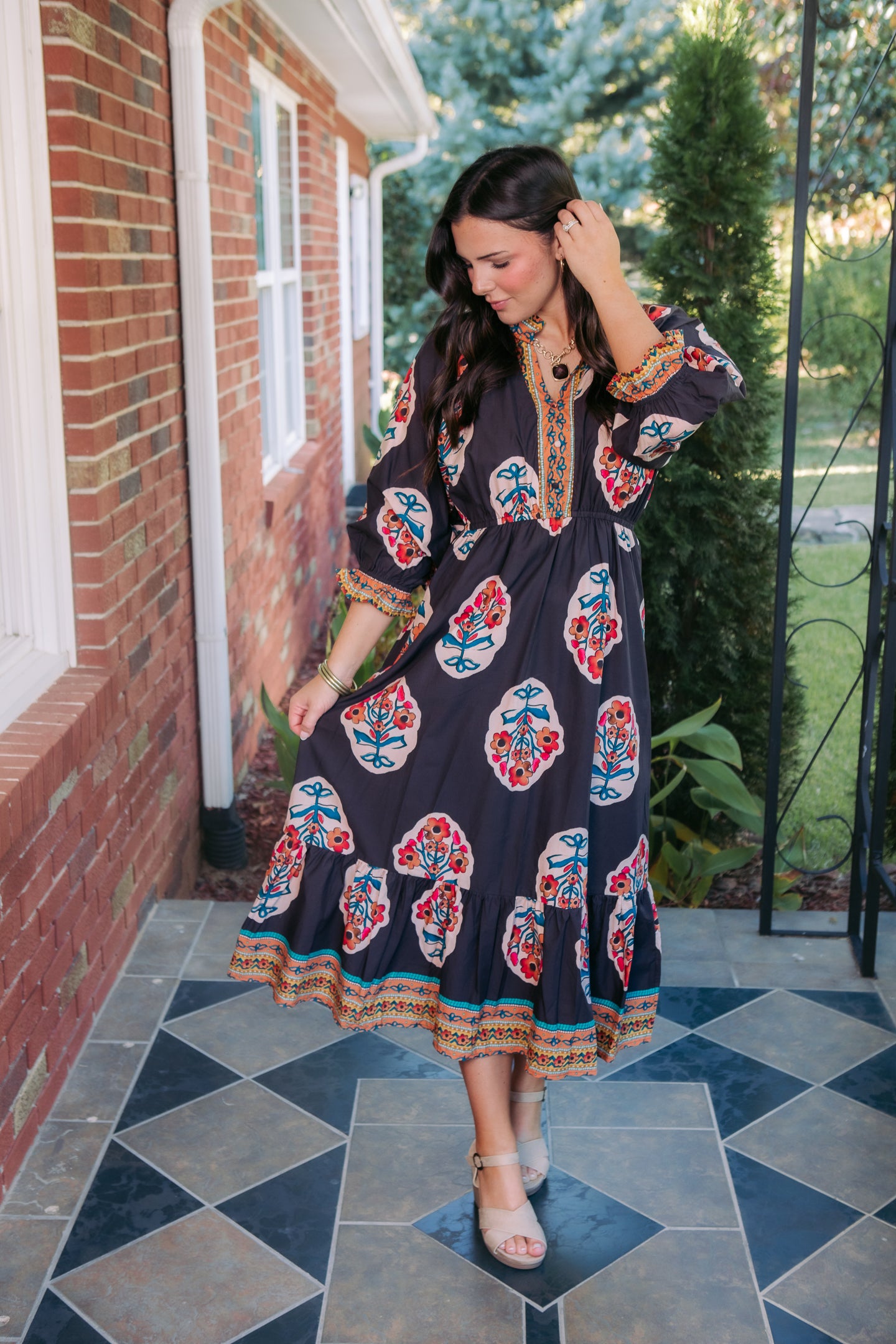 Floral Border Print Tiered Maxi Dress