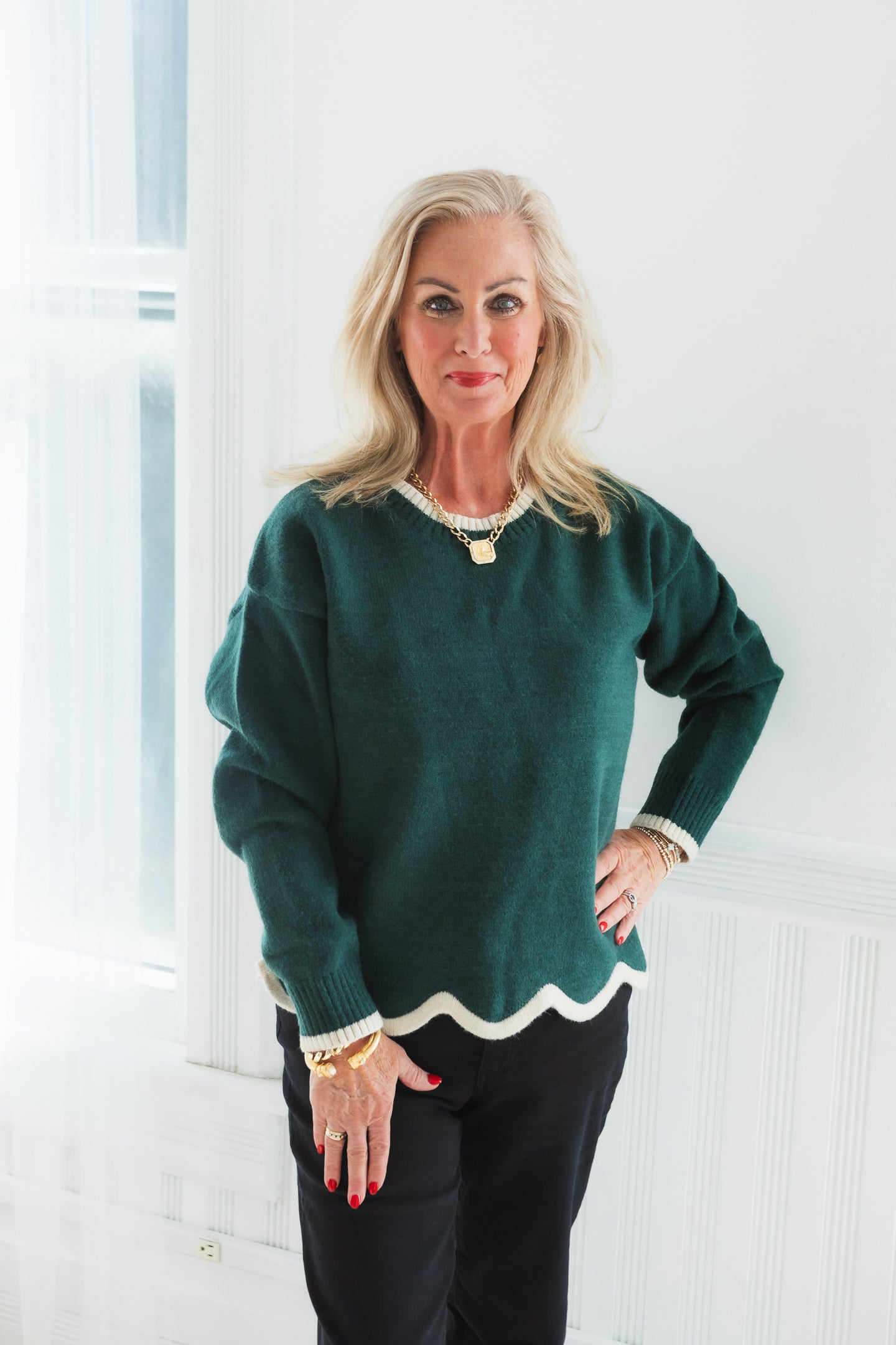 Evergreen Charm Scallop Hem Sweater