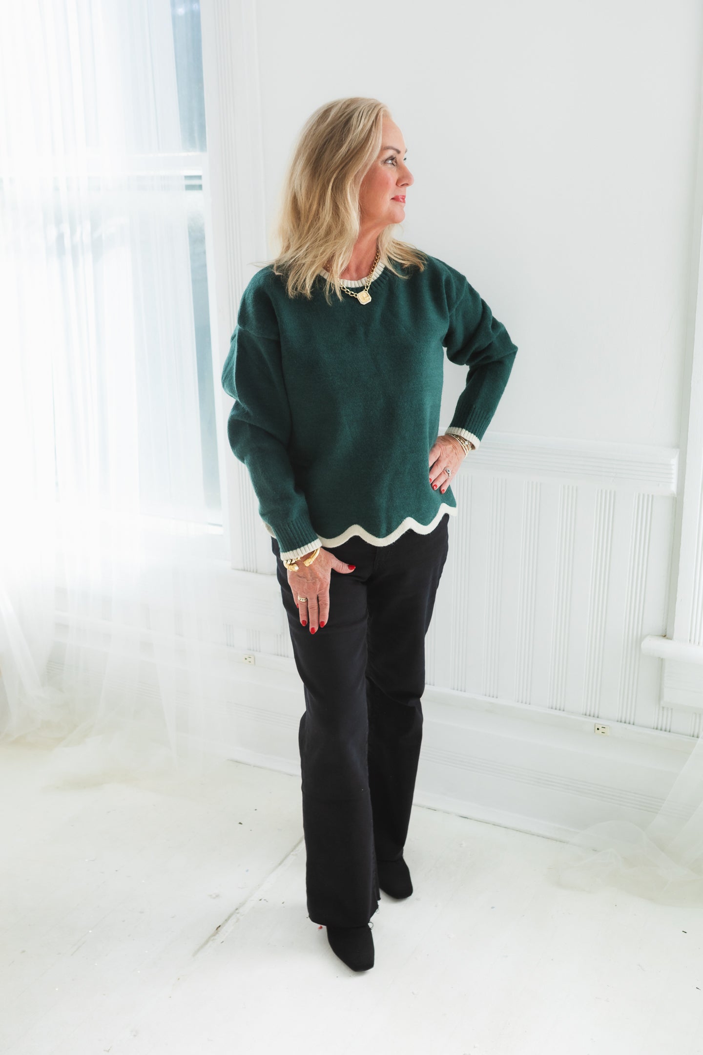 Evergreen Charm Scallop Hem Sweater