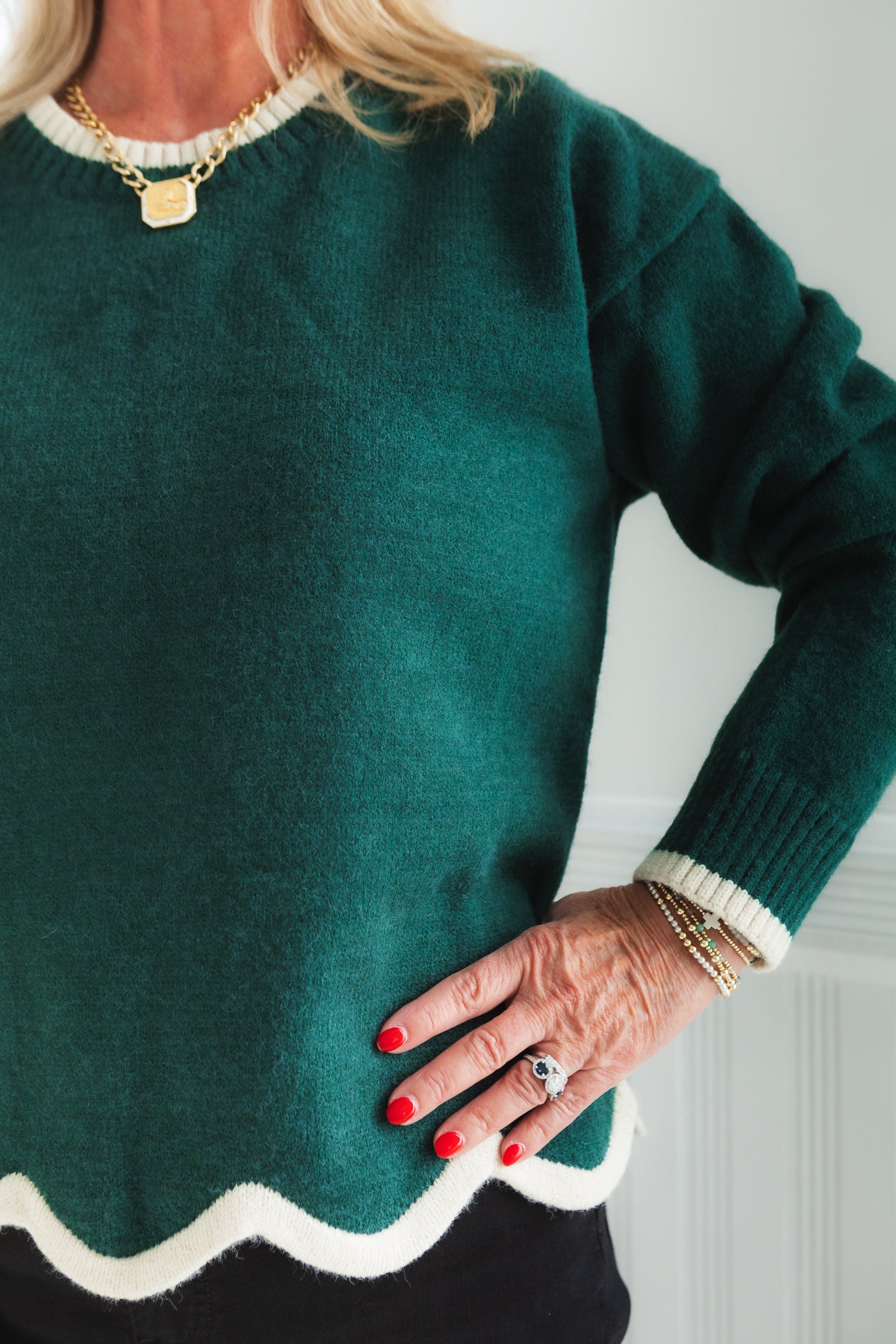 Evergreen Charm Scallop Hem Sweater