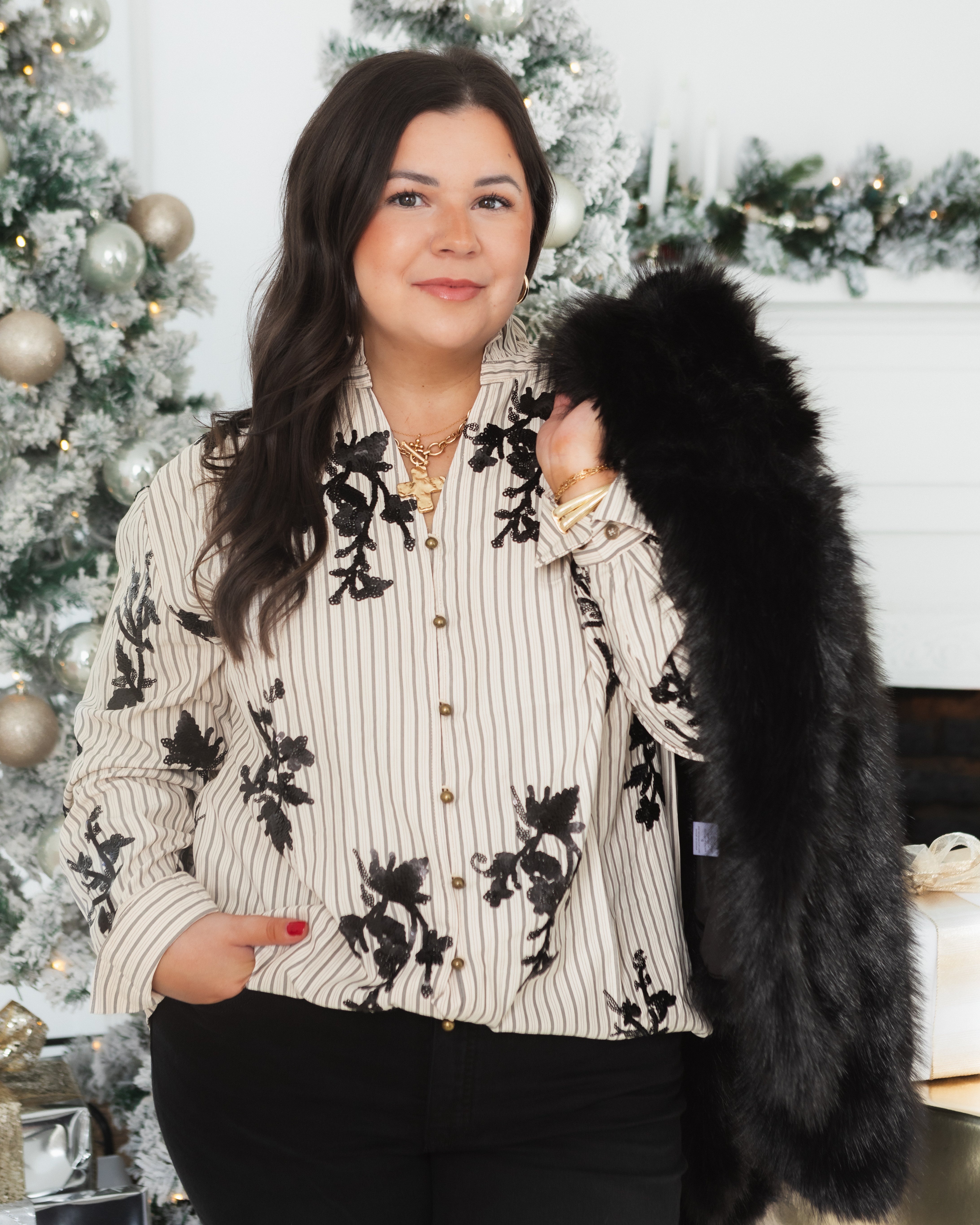 Striped Elegance Floral Appliqué Top