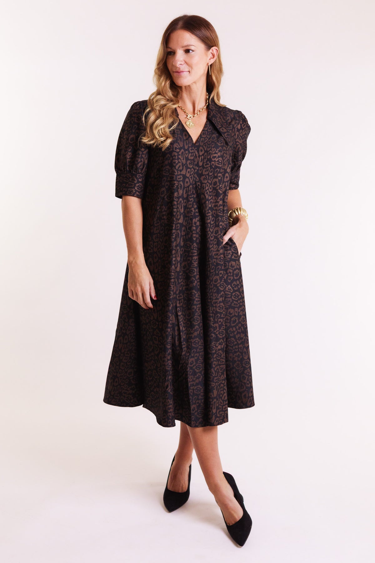 Lior | Amber Pointed Collar Mocha Animal Dress
