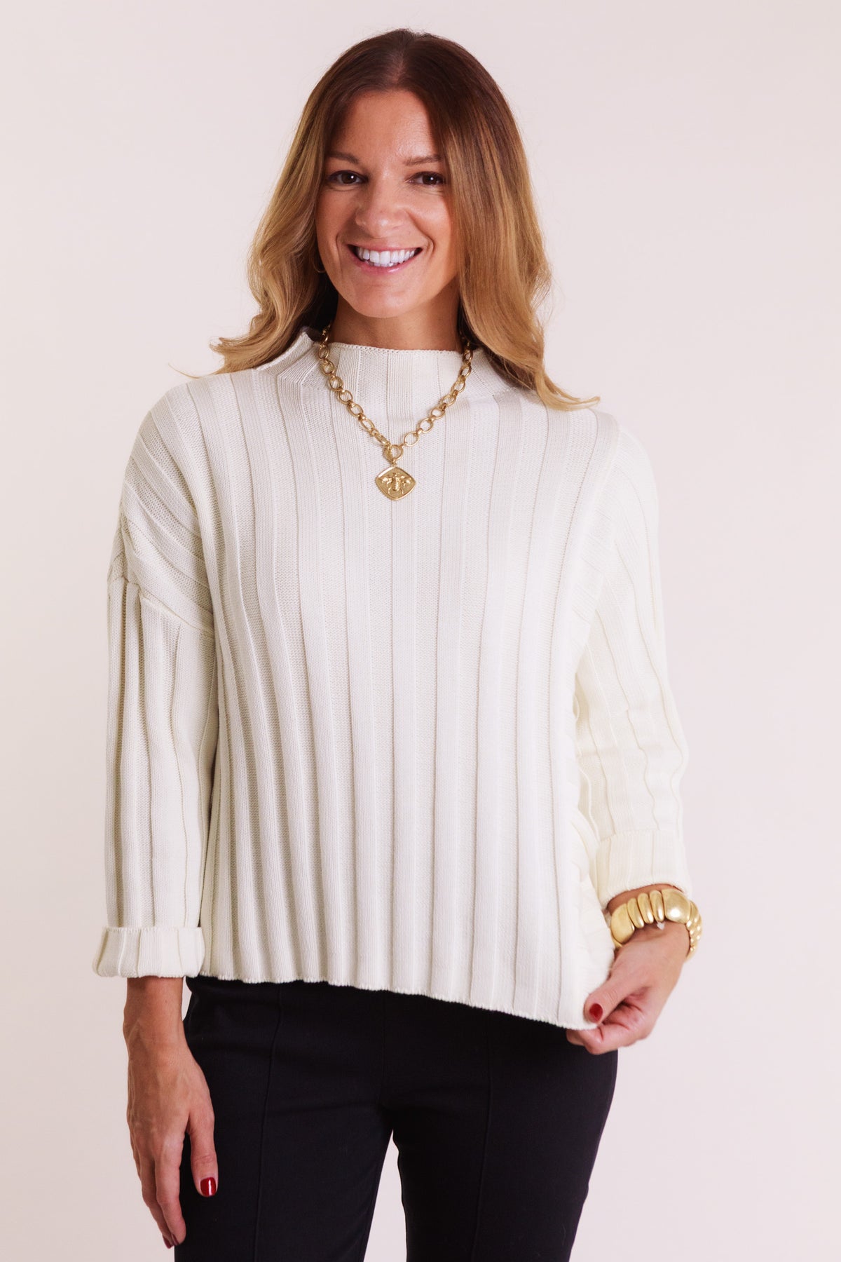 Statement Ribbed Pocket Pullover - Ivory